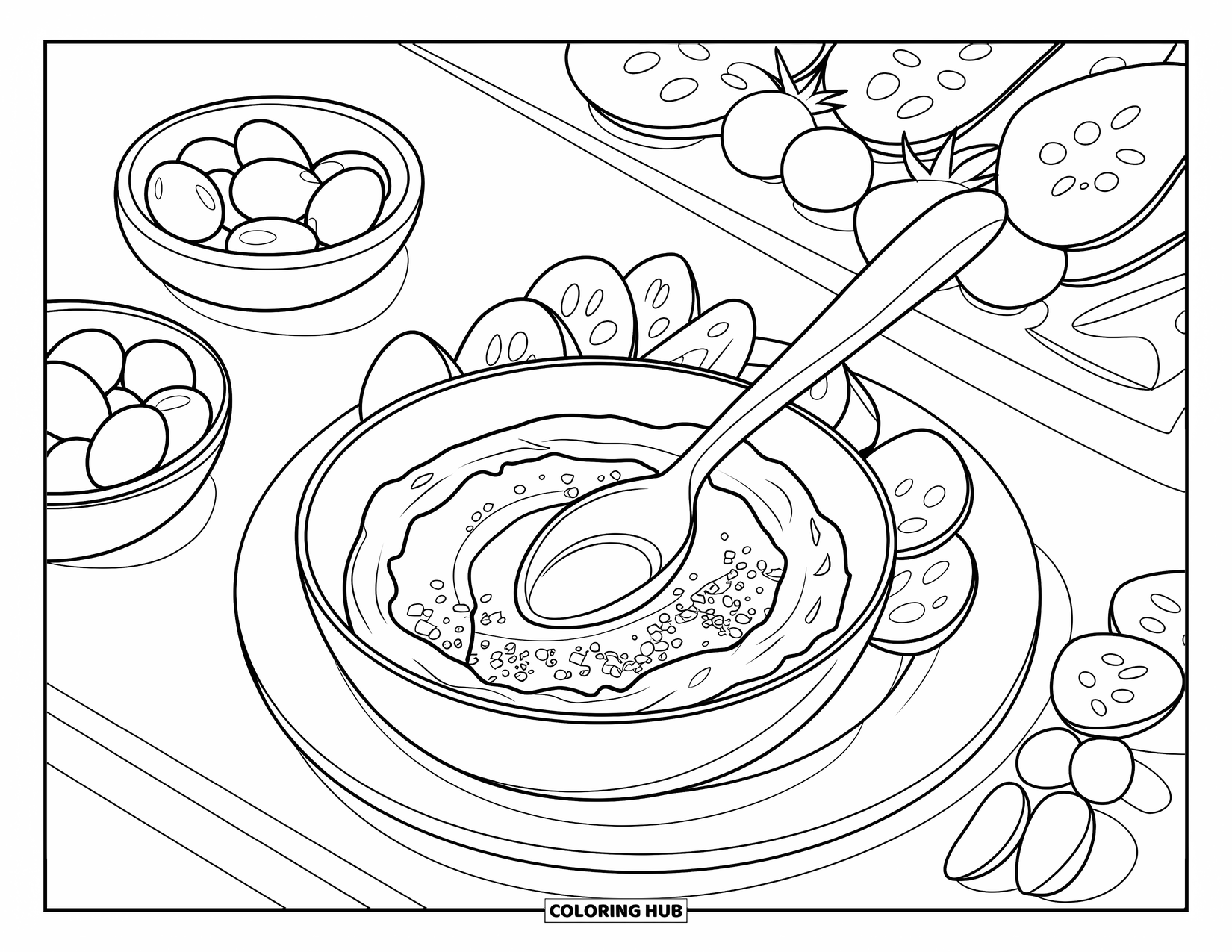 Healthy Food Coloring Page for Kids: Hummus with spoon on a plate, with veggies and olives neatly placed beside it