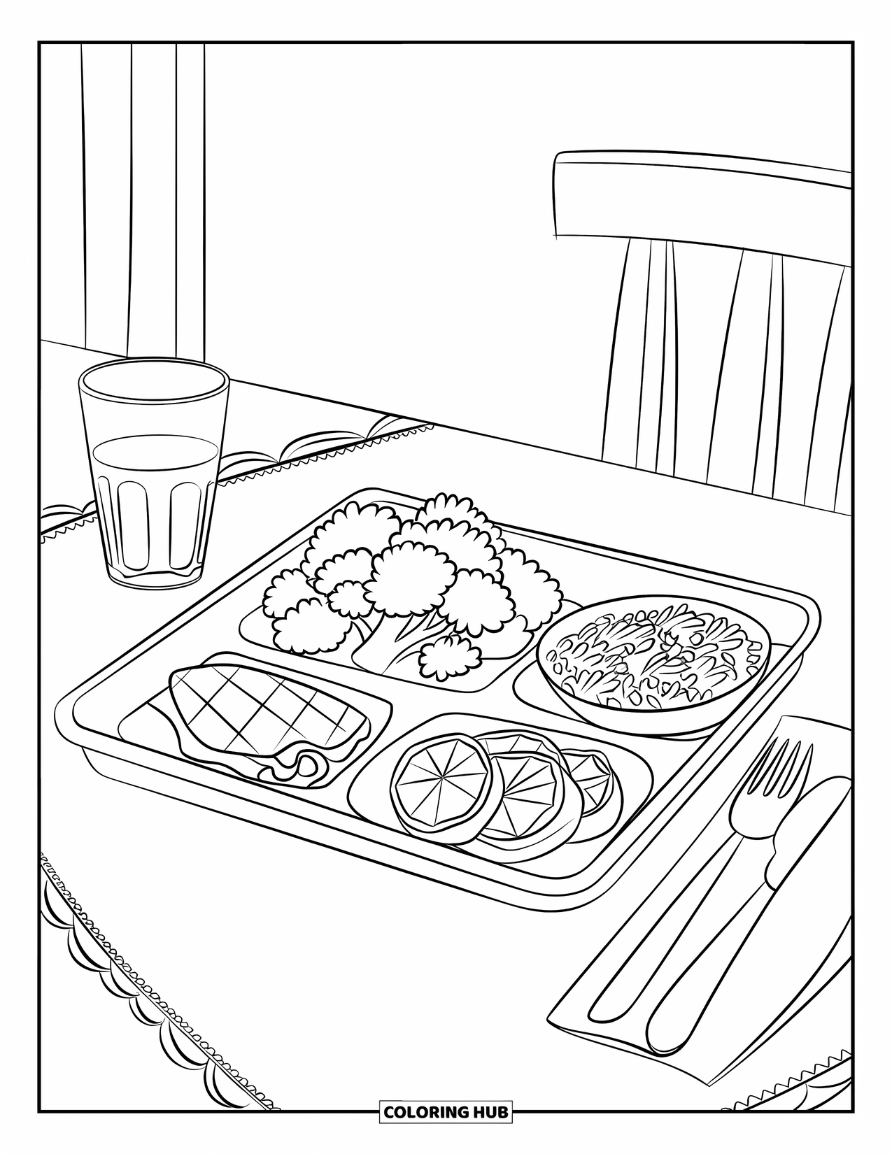 Healthy Food Coloring Page for Kids: Lunch tray with food and water glass on a table