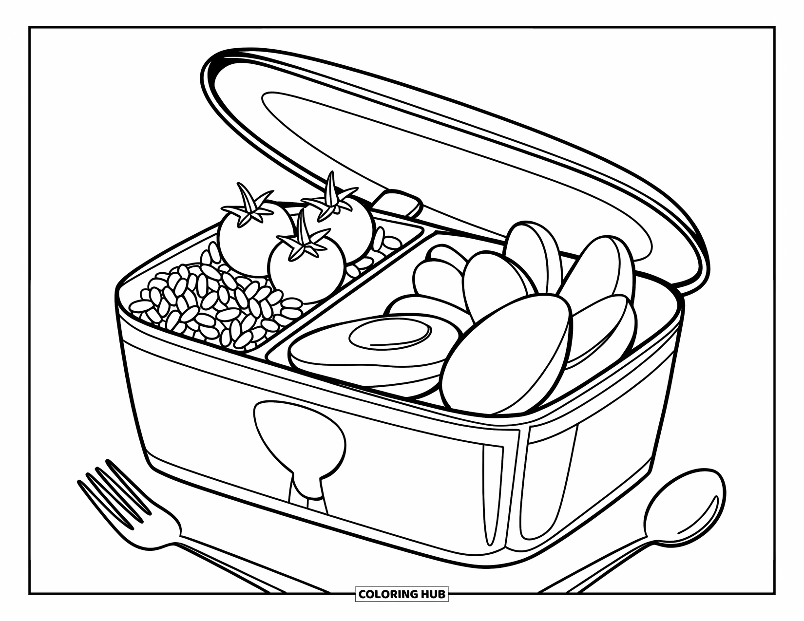Healthy Food Coloring Page for Kids: Lunchbox filled with rice, tomatoes, egg, and apples with a spoon and fork
