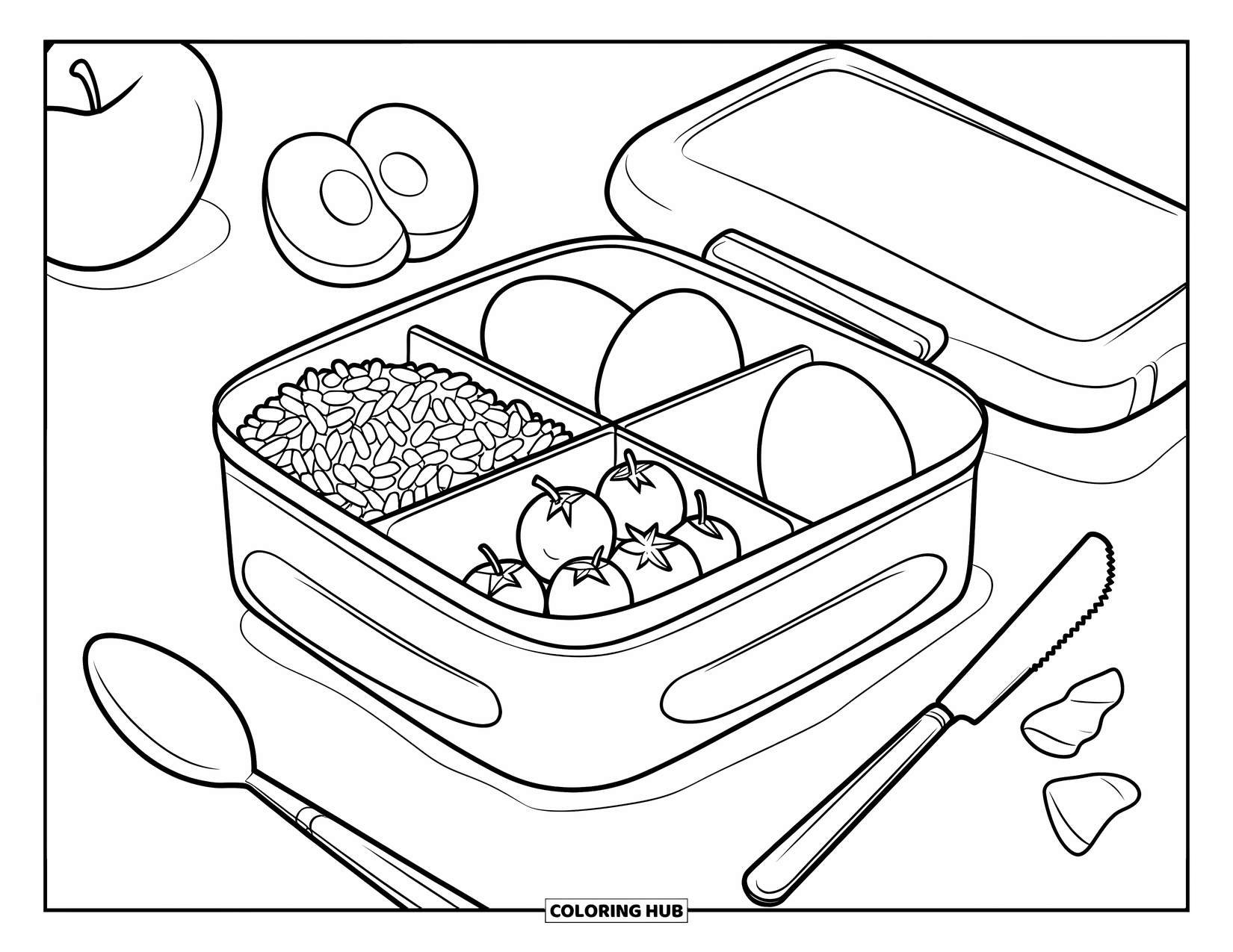 Healthy Food Coloring Page for Kids: Lunchbox packed with rice, eggs, tomatoes, and apples beside utensils