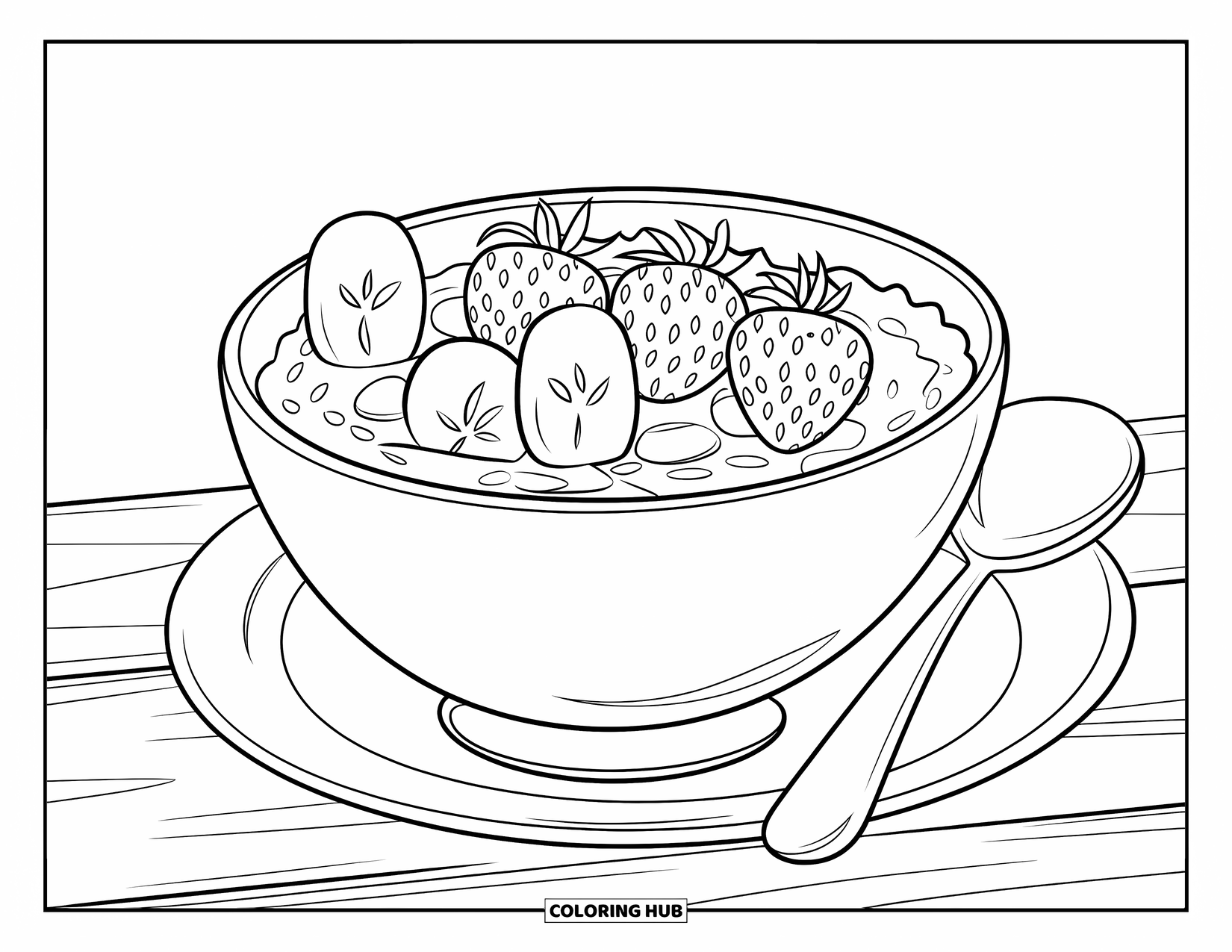 Healthy Food Coloring Page for Kids: Oatmeal bowl with banana and strawberry slices and a spoon