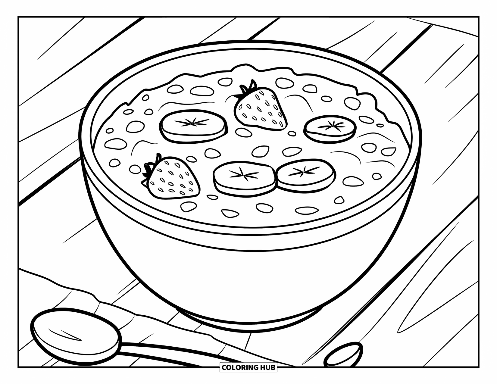 Healthy Food Coloring Page for Kids: Oatmeal bowl with fruit slices and rounded utensils beside it