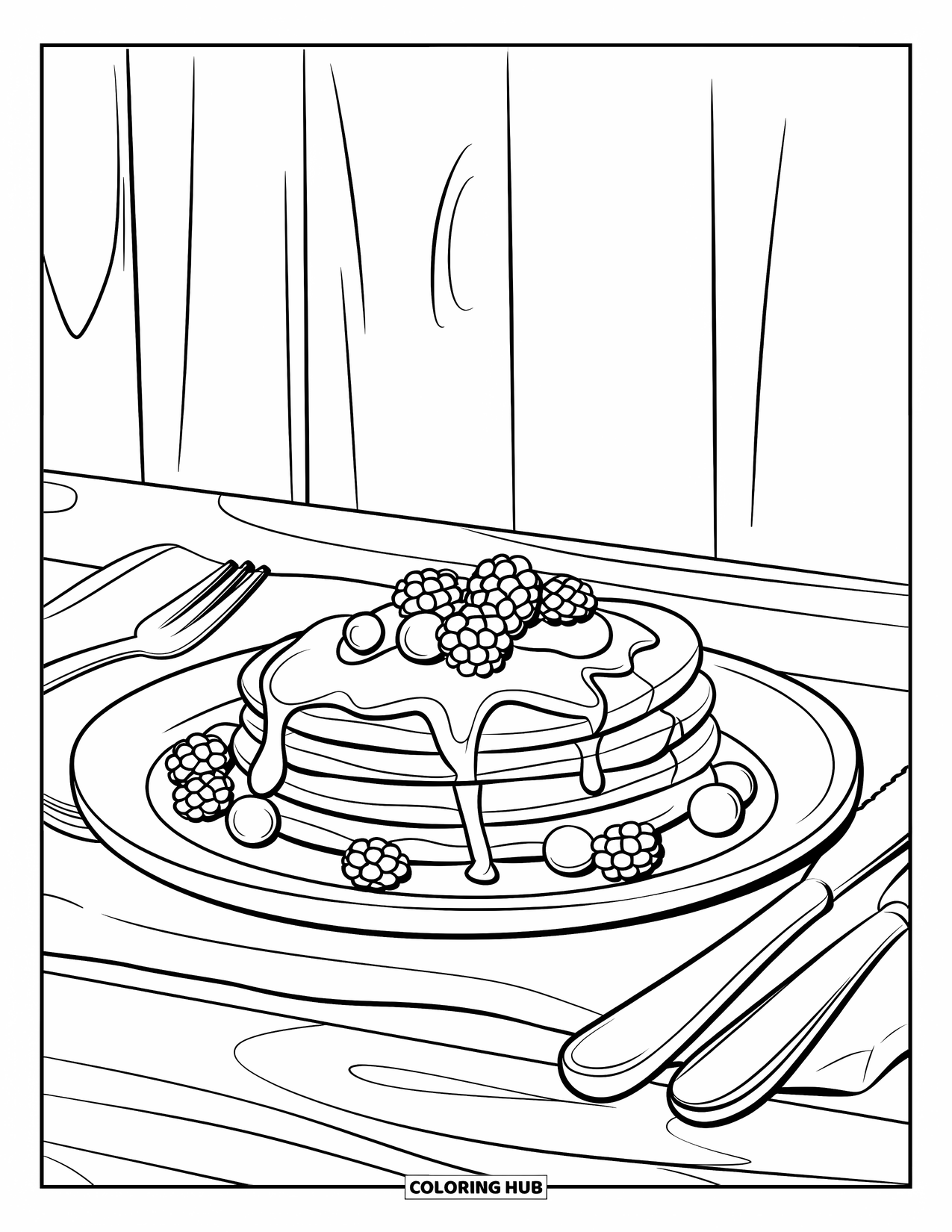Healthy Food Coloring Page for Kids: Pancakes with toppings on a plate next to a fork and knife