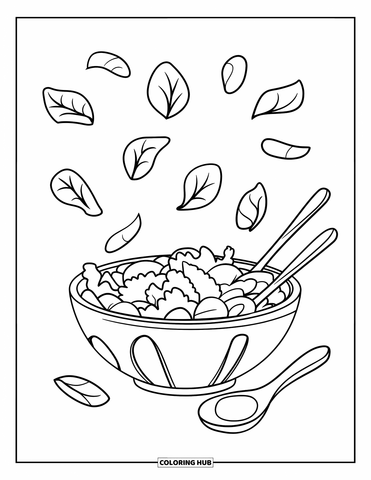 Healthy Food Coloring Page for Kids: Salad bowl in the center with leafy greens above it