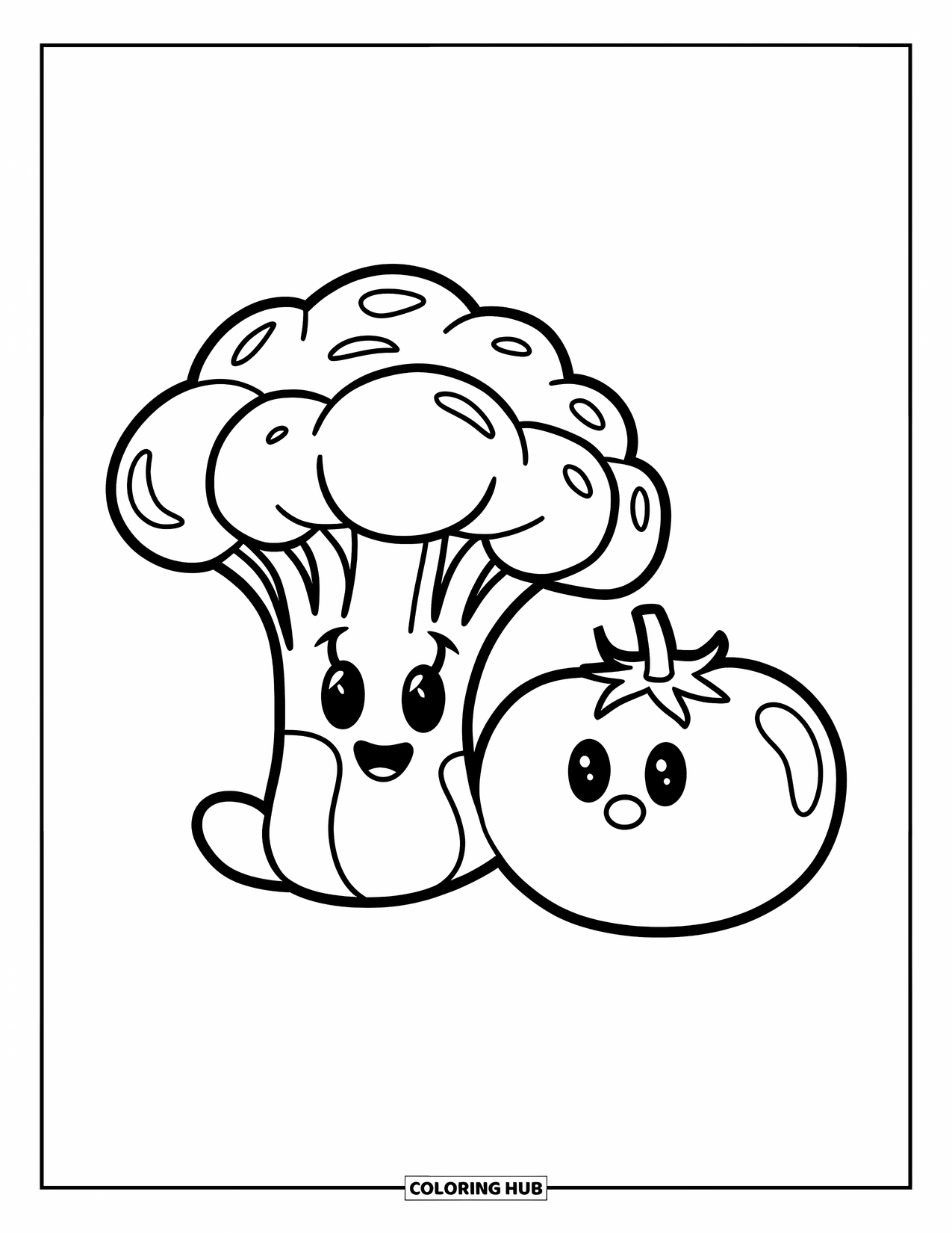 Healthy Food Coloring Page for Kids: Smiling broccoli and tomato sitting side by side with bold outlines