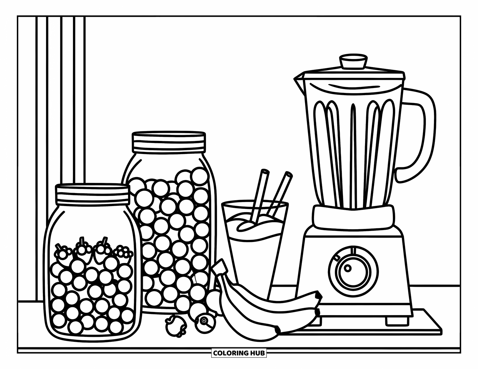 Healthy Food Coloring Page for Kids: Smoothie bar with jars of fruit and a blender on a counter