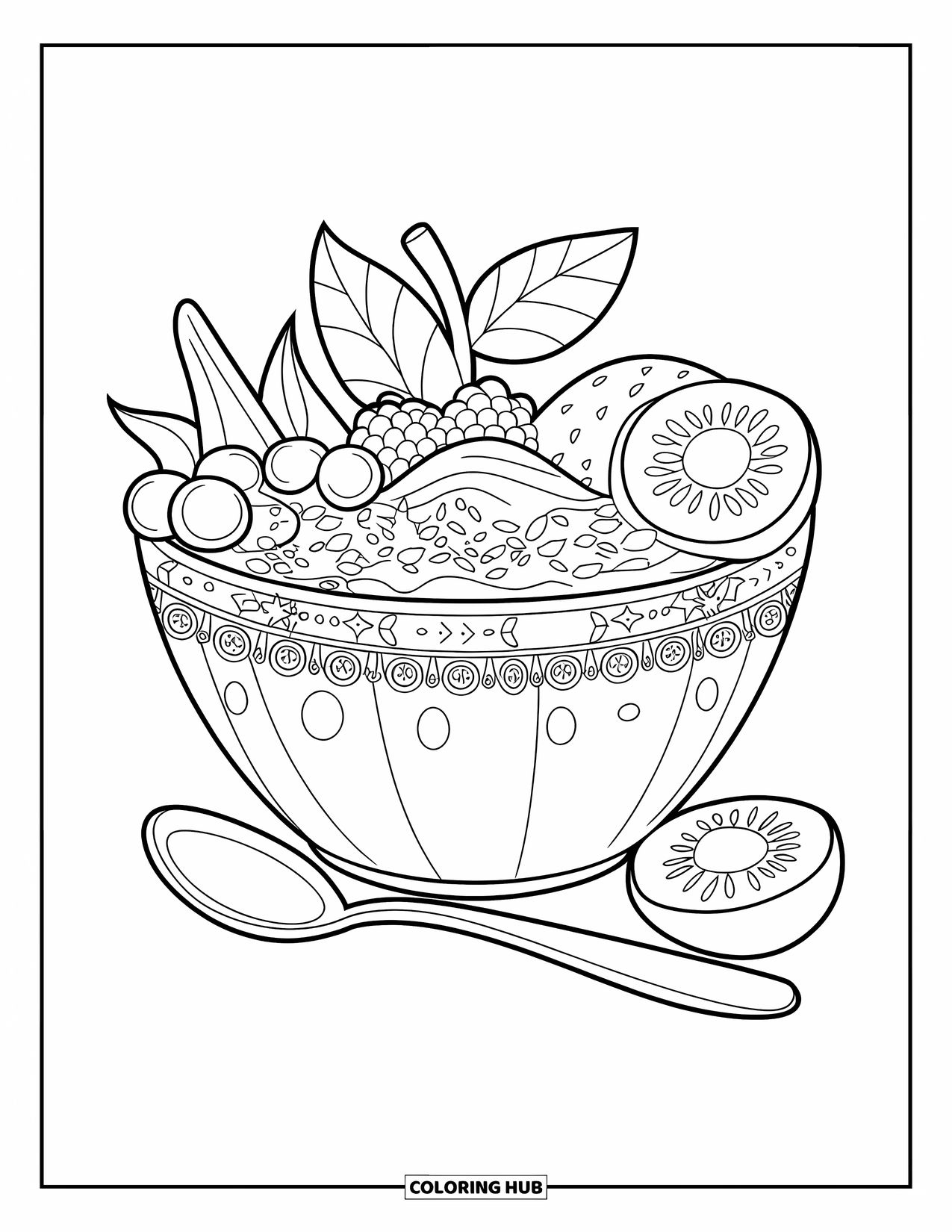 Healthy Food Coloring Page for Kids: Smoothie bowl topped with berries, kiwi, banana, and seeds beside a spoon