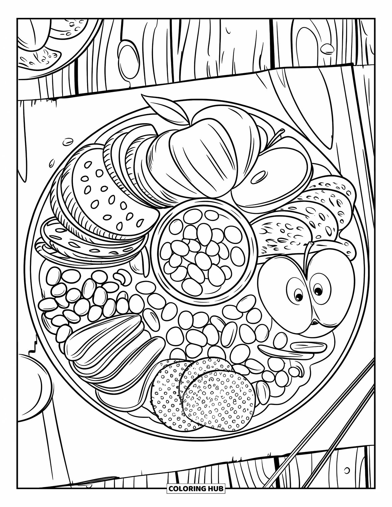 Healthy Food Coloring Page for Kids: Snack board with dried fruit, nuts, apples, and crackers on a wooden surface