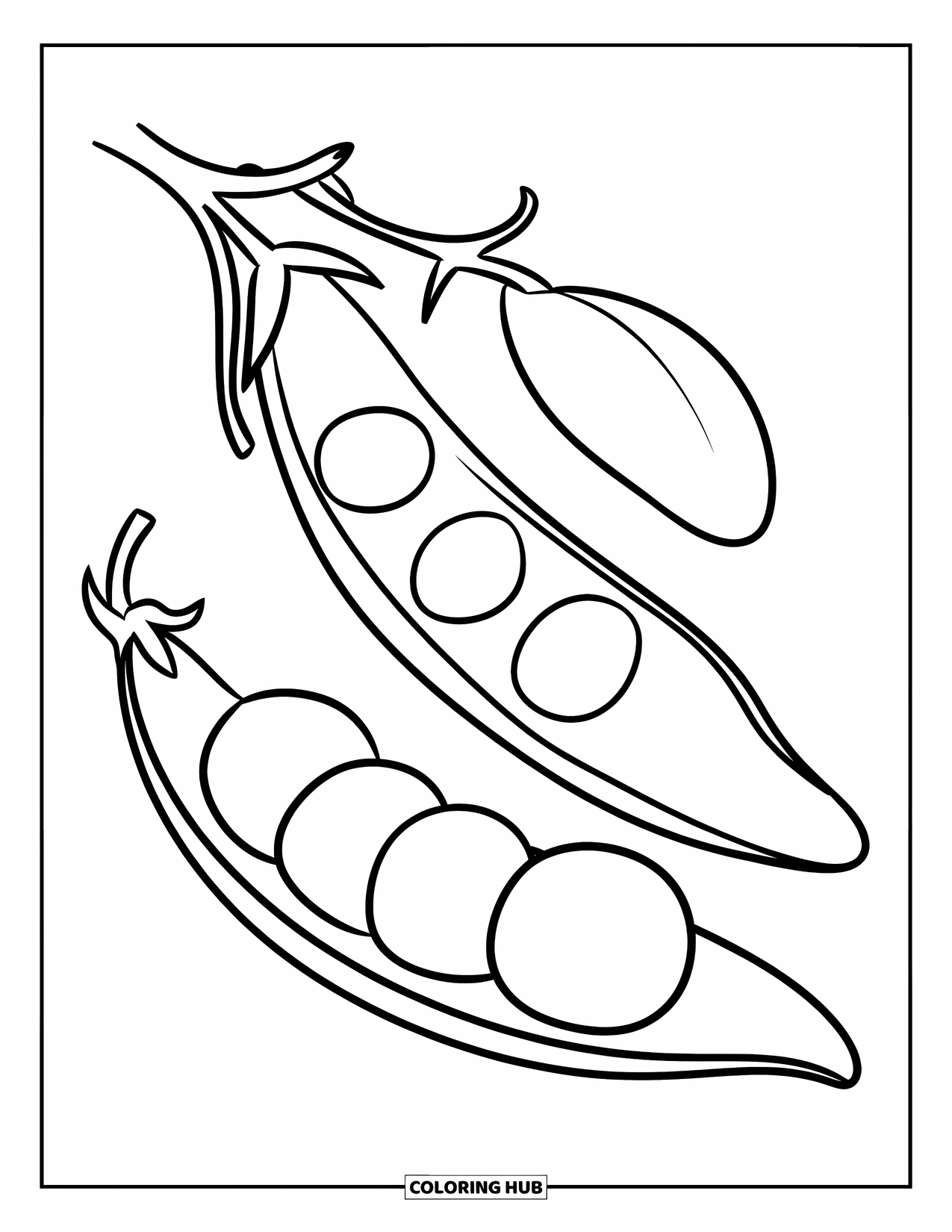 Healthy Food Coloring Page for Kids: Split pea pod hanging from a vine with bold outlines
