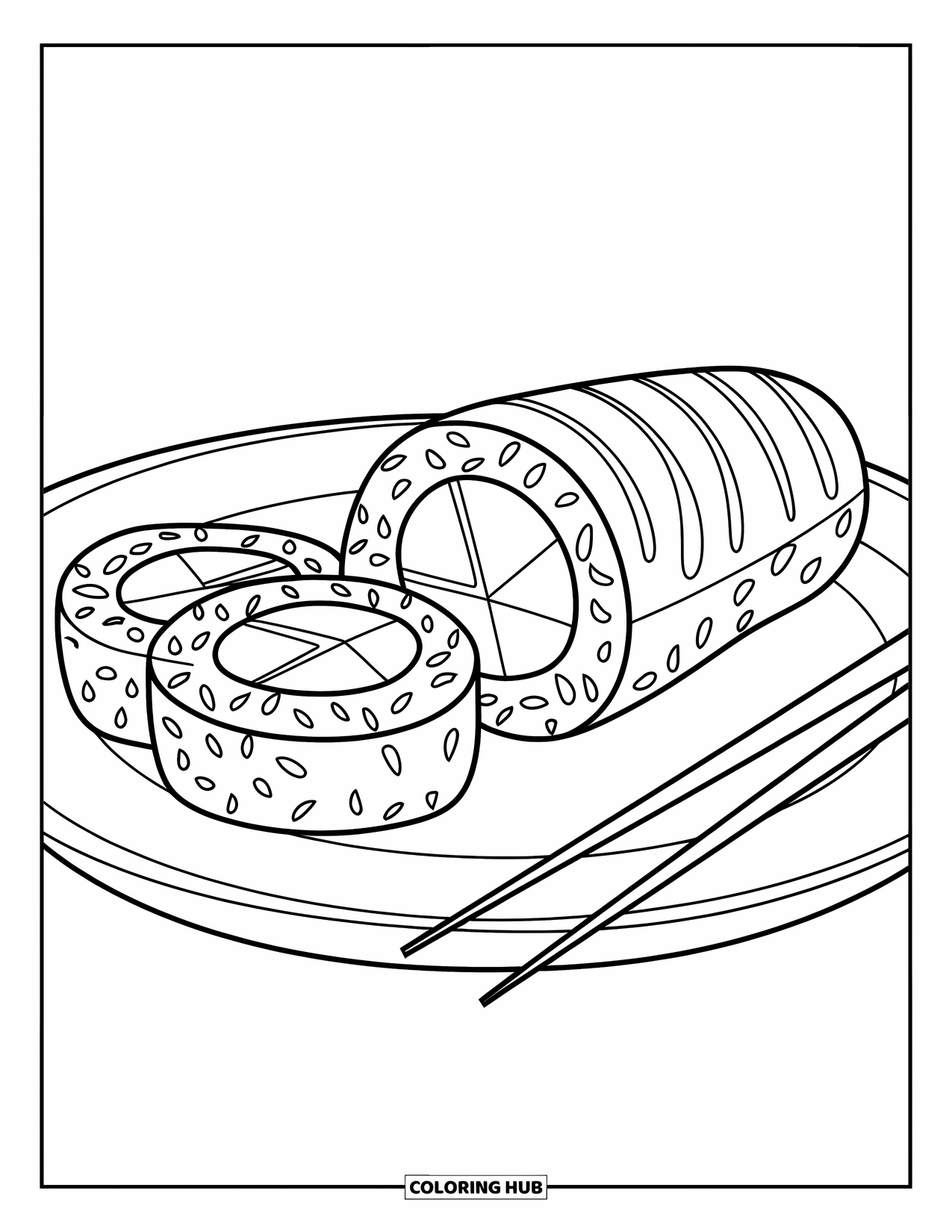 Healthy Food Coloring Page for Kids: Sushi roll slices with avocado, cucumber, and carrot on a plate