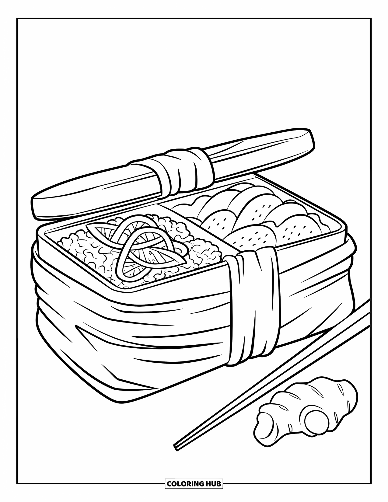 Healthy Food Coloring Page for Kids: Tidy bento box with chopsticks, wrapped in cloth and filled with healthy food