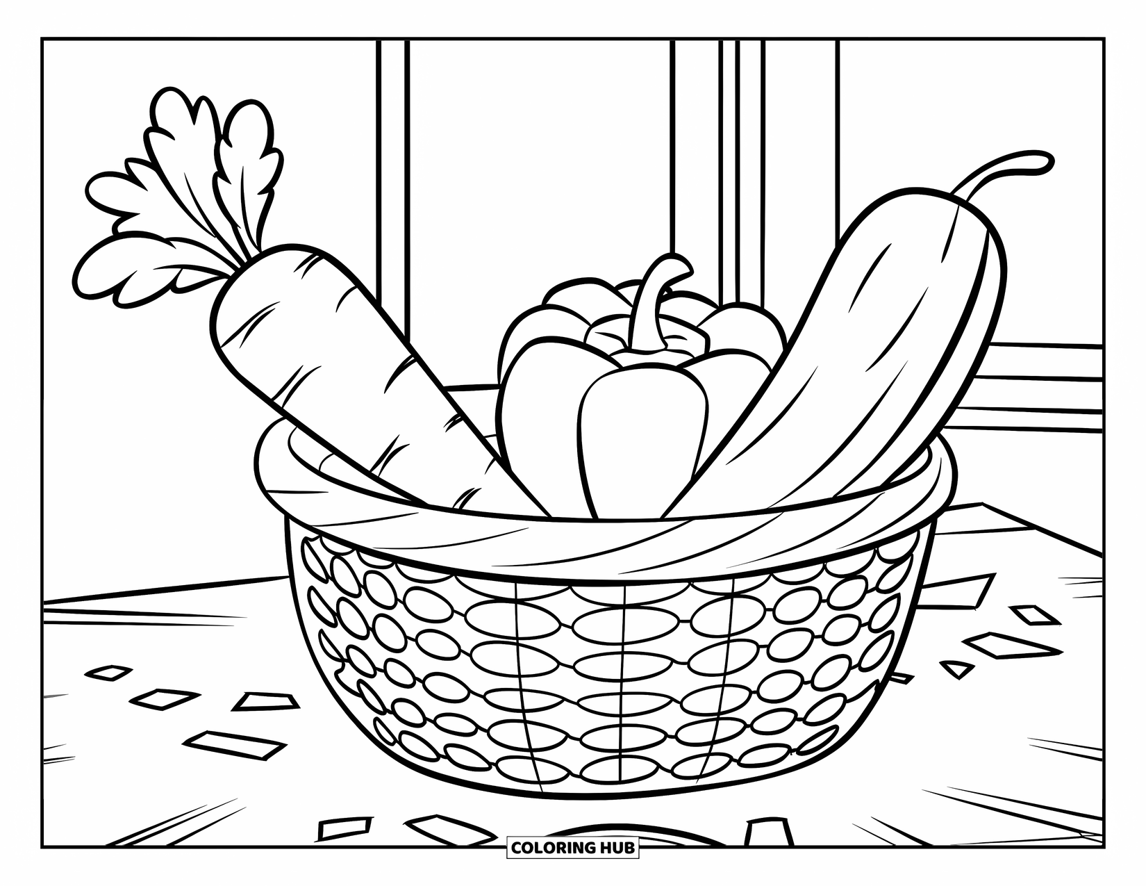 Healthy Food Coloring Page for Kids: Veggie basket with bold outlines and a clean white wall