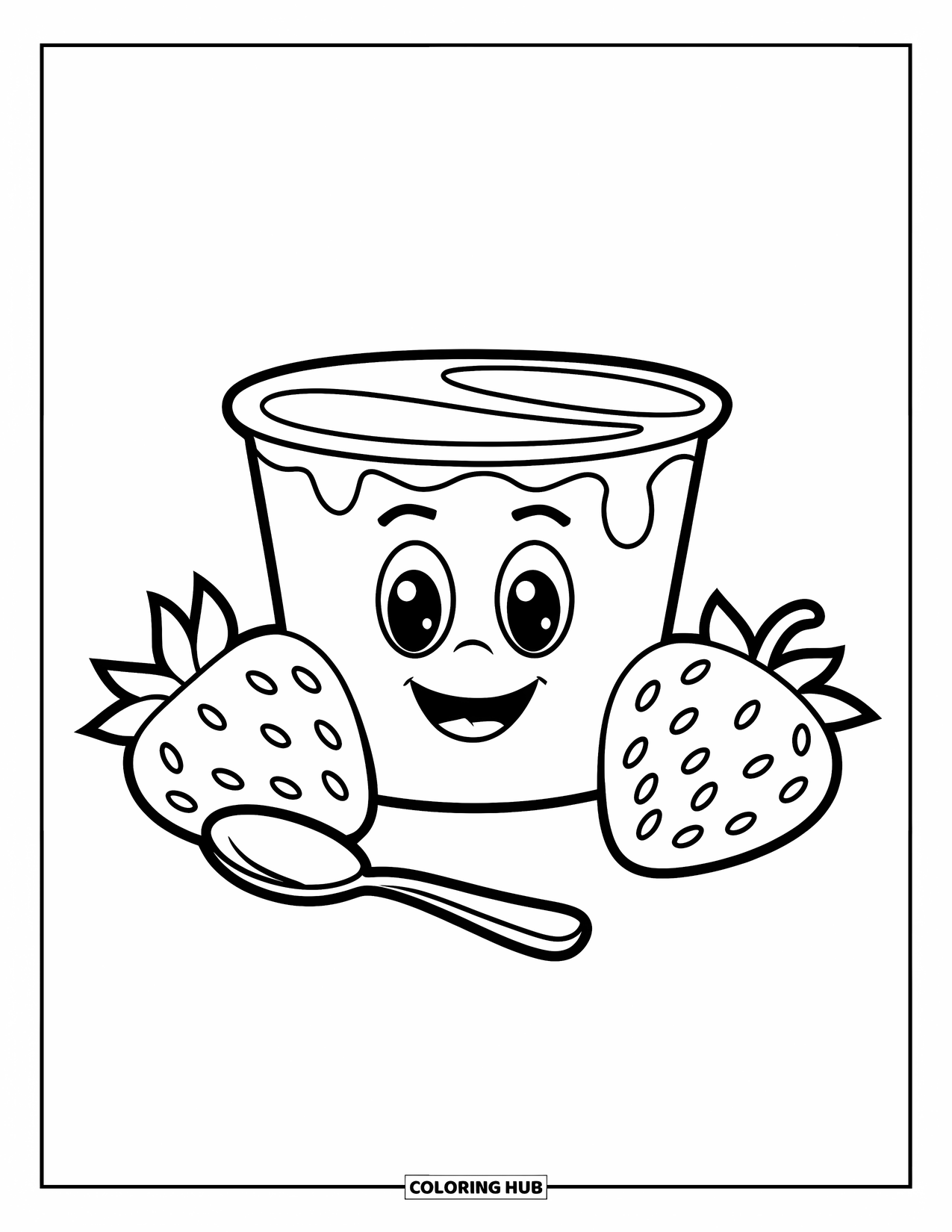 Healthy Food Coloring Page for Kids: Yogurt cup with a smiley face, strawberries, and a tiny spoon beside it