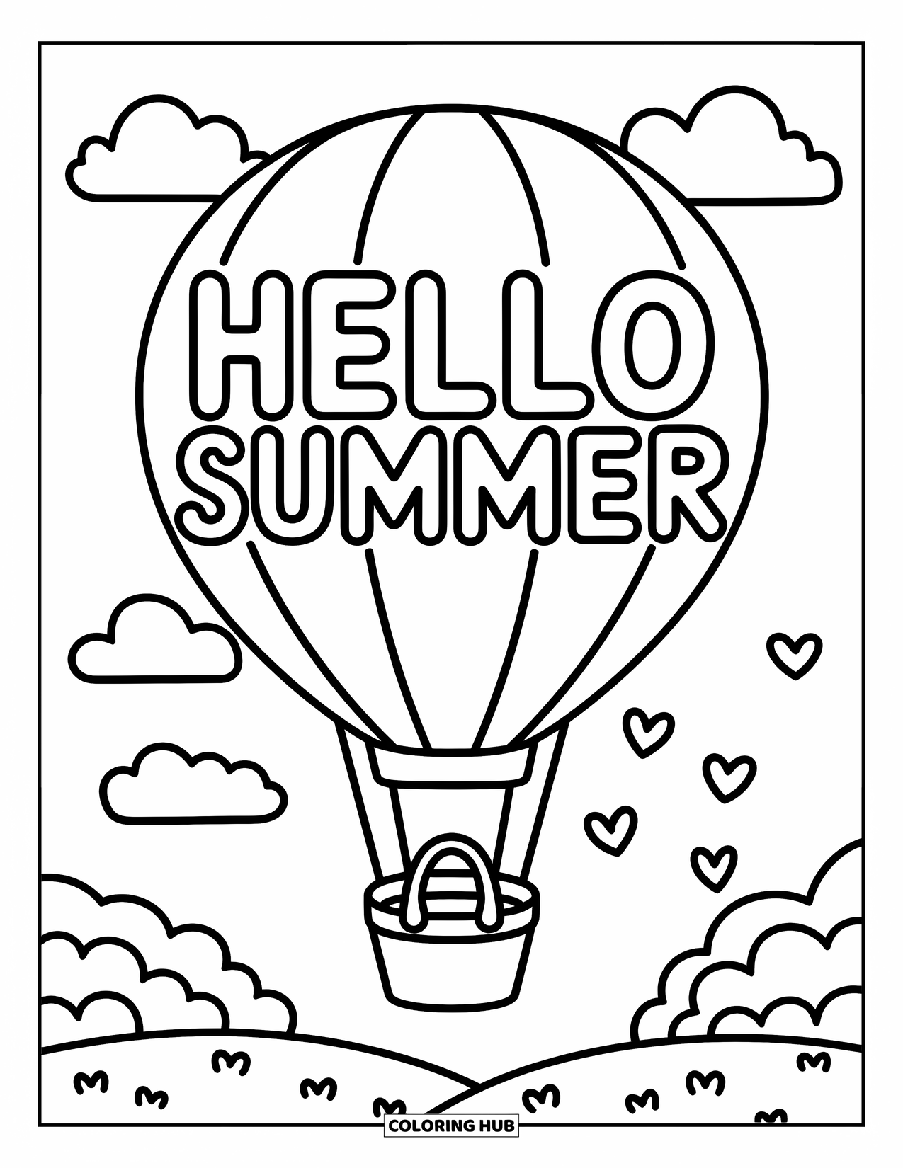 Hello Summer Coloring Page for Adults: A balloon carries a picnic basket under "Hello Summer" in playful letters