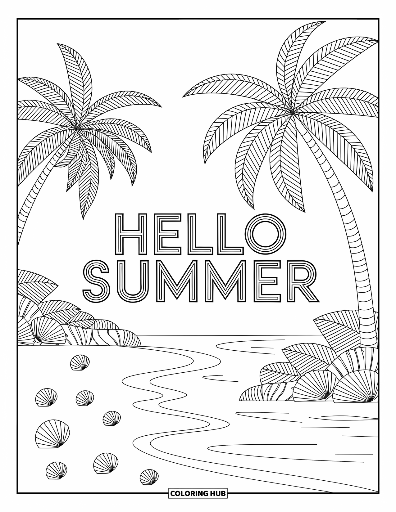 Hello Summer Coloring Page for Adults: A calm beach with patterned palm trees and shells displays "Hello Summer"