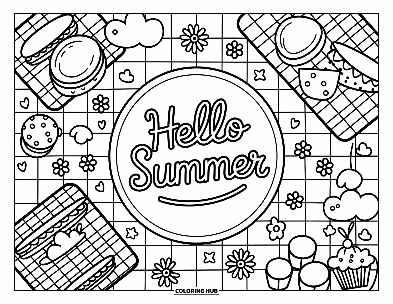 Hello Summer Coloring Page for Adults: A checkered blanket holds summer treats with "Hello Summer" at the center