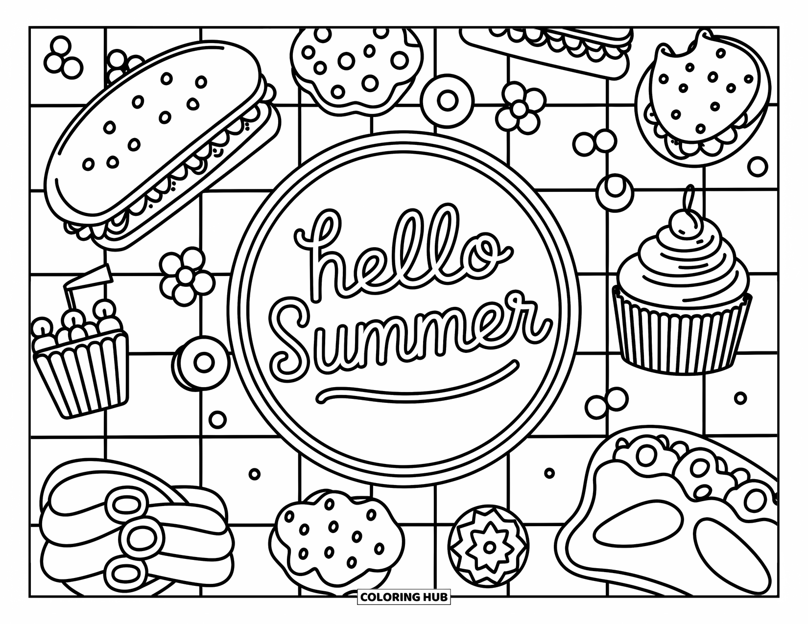 Hello Summer Coloring Page for Adults: A cozy picnic scene with snacks and a plate marked "Hello Summer"