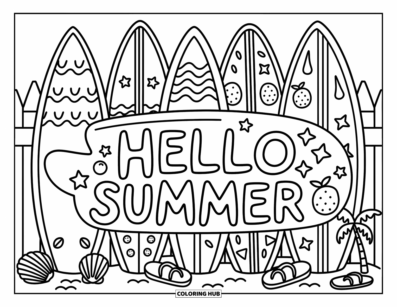 Hello Summer Coloring Page for Adults: A cute beach scene with patterned surfboards and "Hello Summer" carved into one
