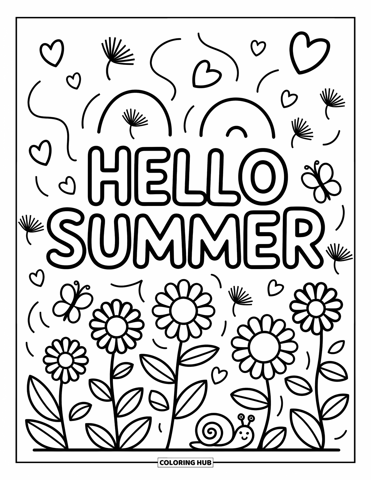 Hello Summer Coloring Page for Adults: A garden scene with flowers and fluttering butterflies surrounds "Hello Summer"