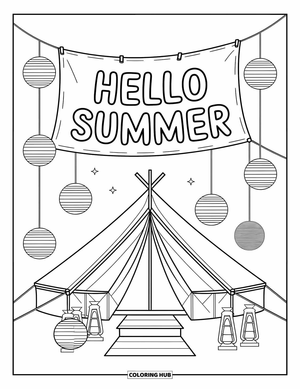 Hello Summer Coloring Page for Adults: A glamping tent glows under the stars with "Hello Summer" on a cloth banner