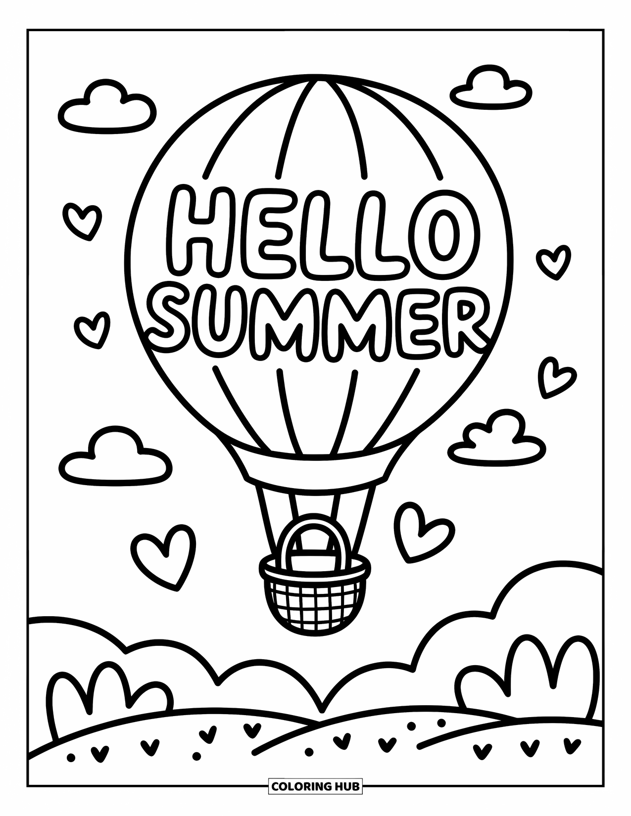 Hello Summer Coloring Page for Adults: A hot air balloon drifts through clouds with "Hello Summer" on its side