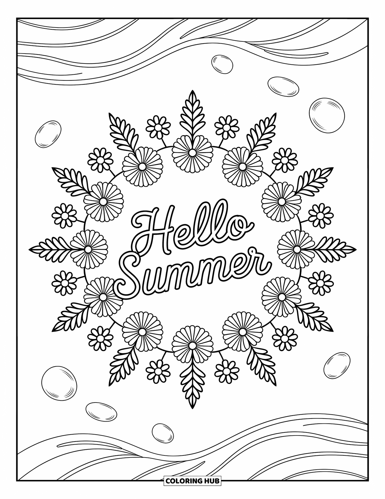Hello Summer Coloring Page for Adults: A mandala of waves, flowers, and pebbles frames the words "Hello Summer"