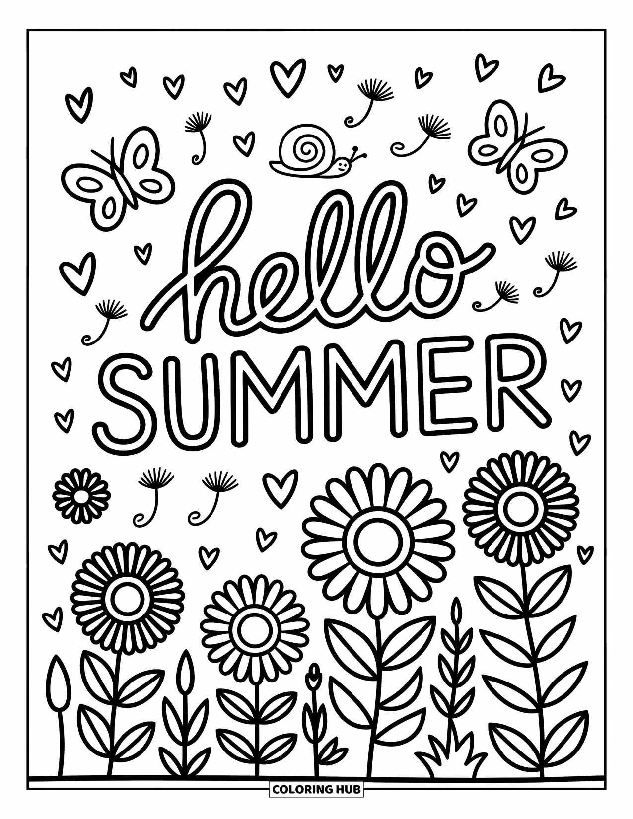 Hello Summer Coloring Page for Adults: Butterflies and daisies dance around a cute "Hello Summer" garden scene