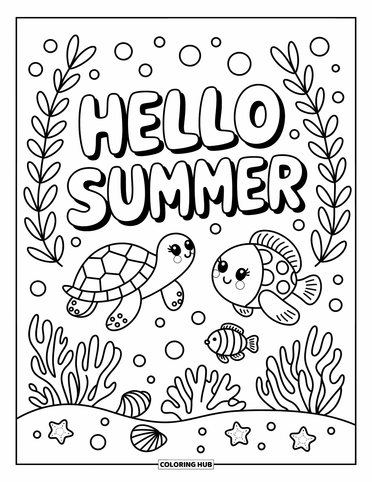 Hello Summer Coloring Page for Adults: Cute sea creatures and coral surround "Hello Summer" under the sea