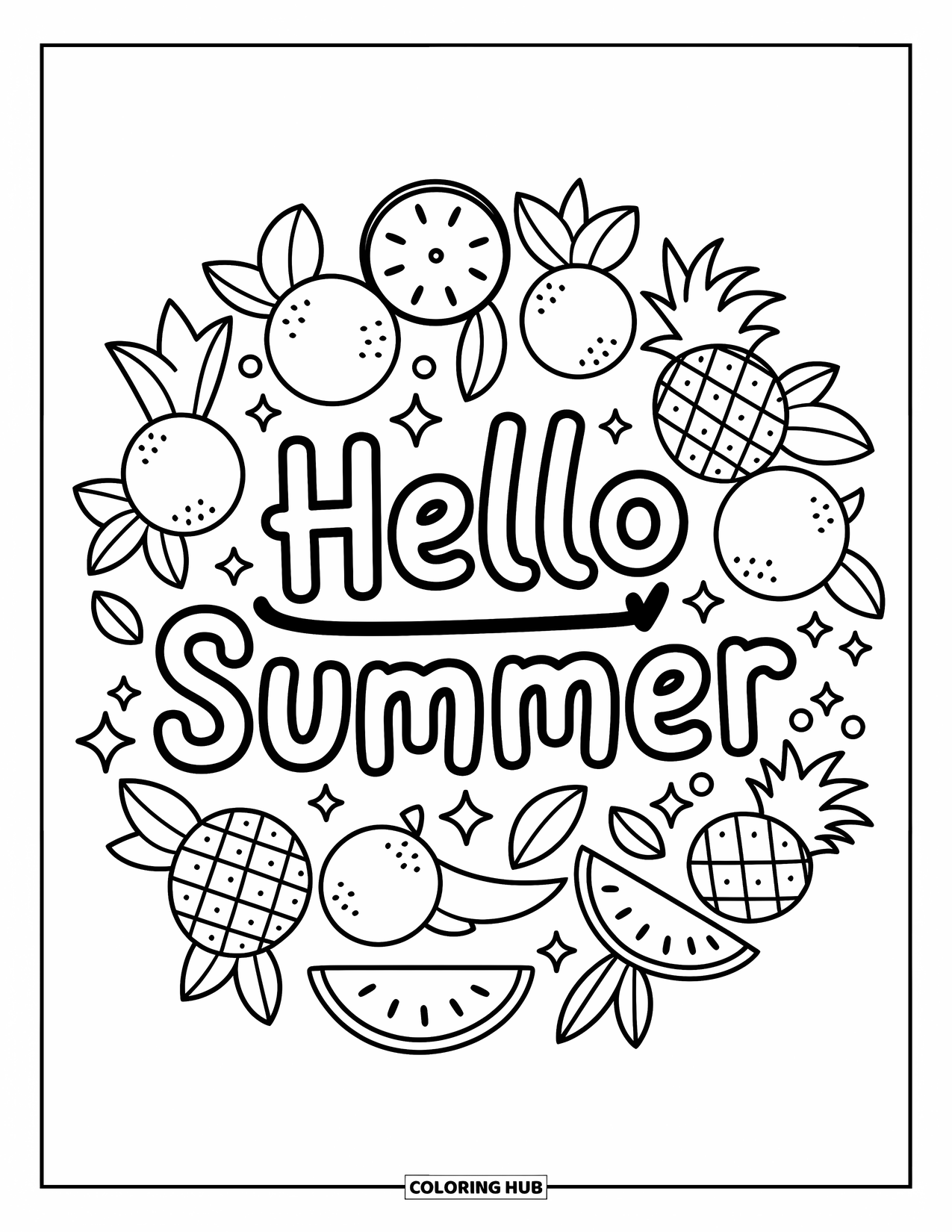 Hello Summer Coloring Page for Adults: Fruits and sparkles create a tropical garland around "Hello Summer"