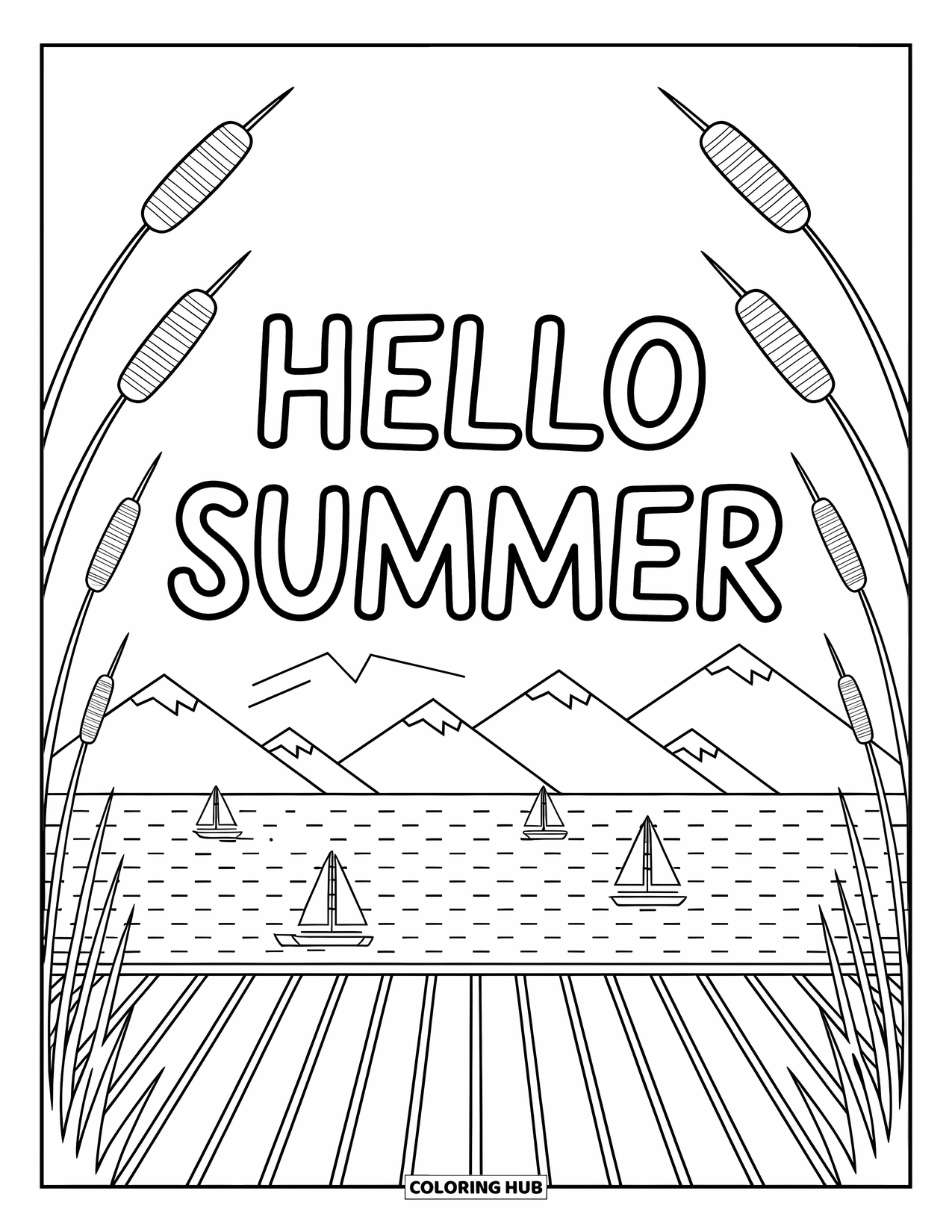 Hello Summer Coloring Page for Adults: "Hello Summer" appears above a calm lake deck framed by cattails and boats