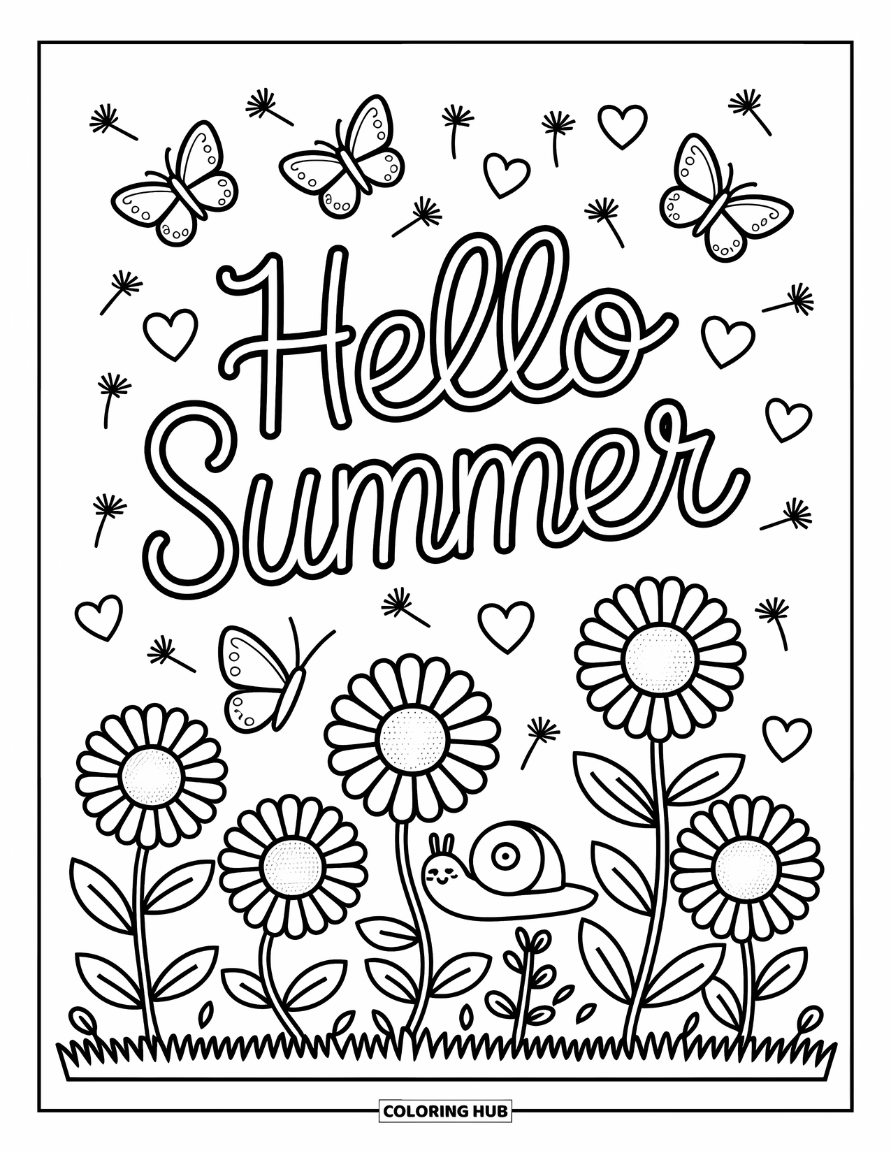 Hello Summer Coloring Page for Adults: "Hello Summer" blooms in a garden full of flowers, butterflies, and a tiny snail