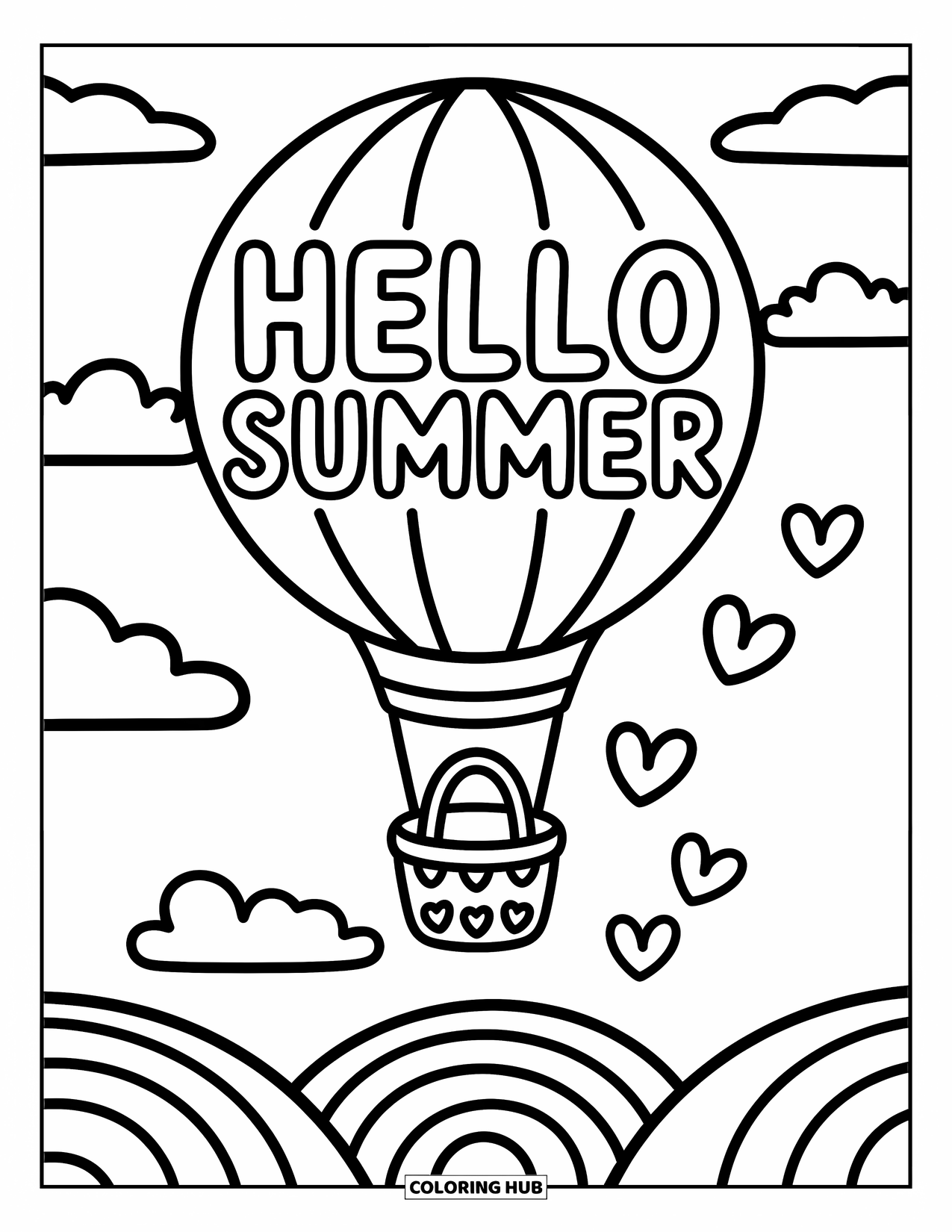 Hello Summer Coloring Page for Adults: "Hello Summer" floats on a balloon with hearts and clouds trailing behind