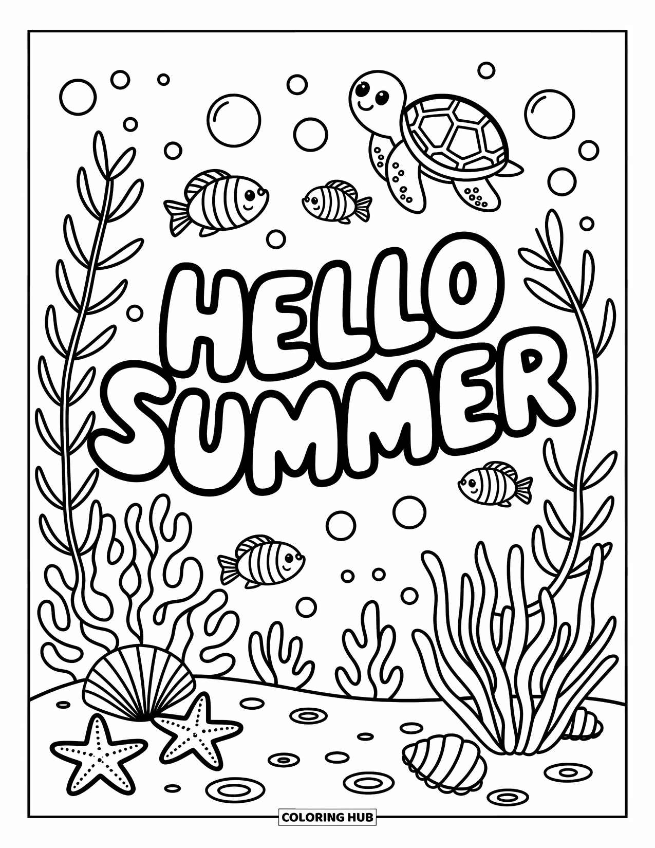 Hello Summer Coloring Page for Adults: "Hello Summer" floats underwater with seaweed, fish, and a smiling turtle