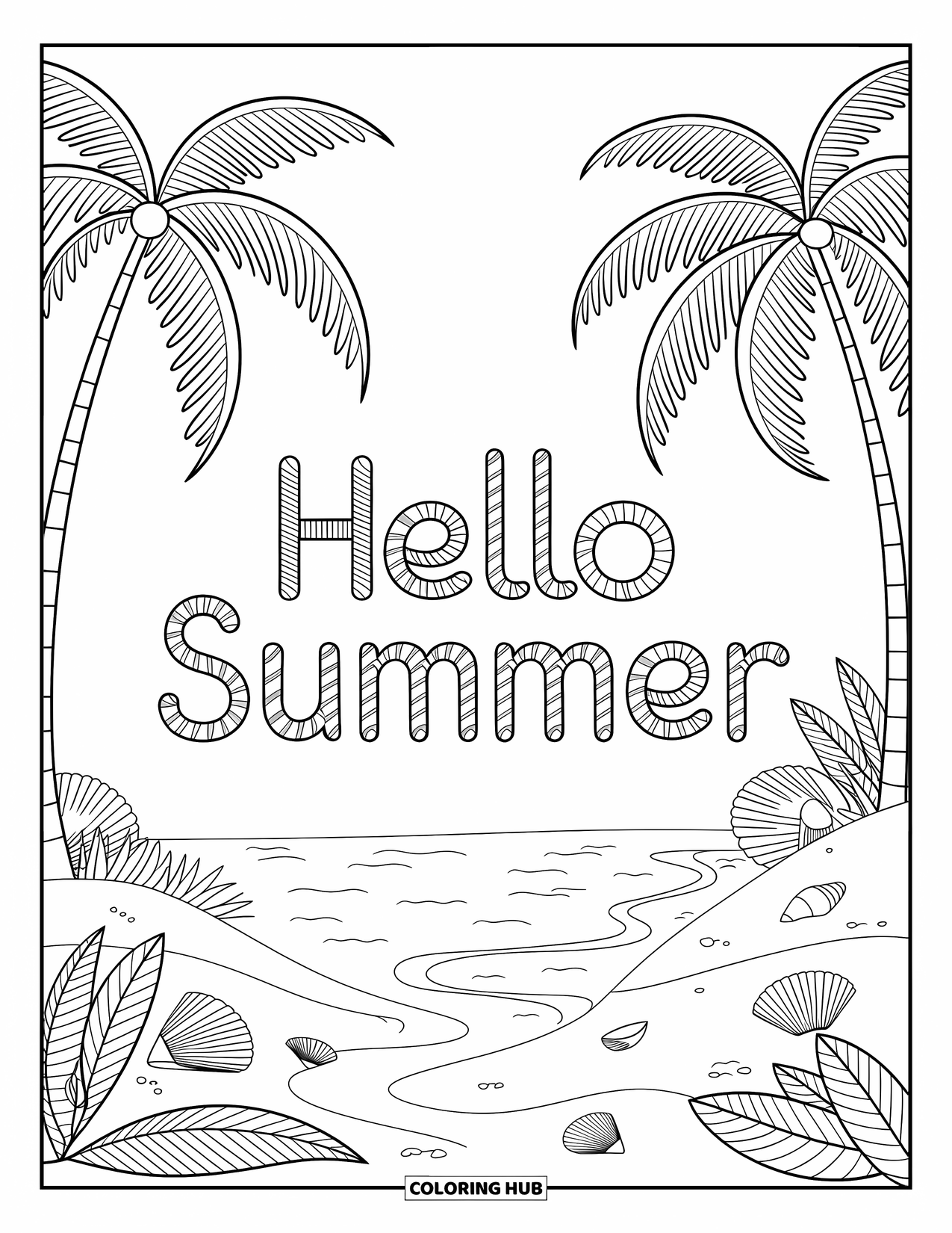 Hello Summer Coloring Page for Adults: "Hello Summer" is written on a beach with palm trees and delicate shells