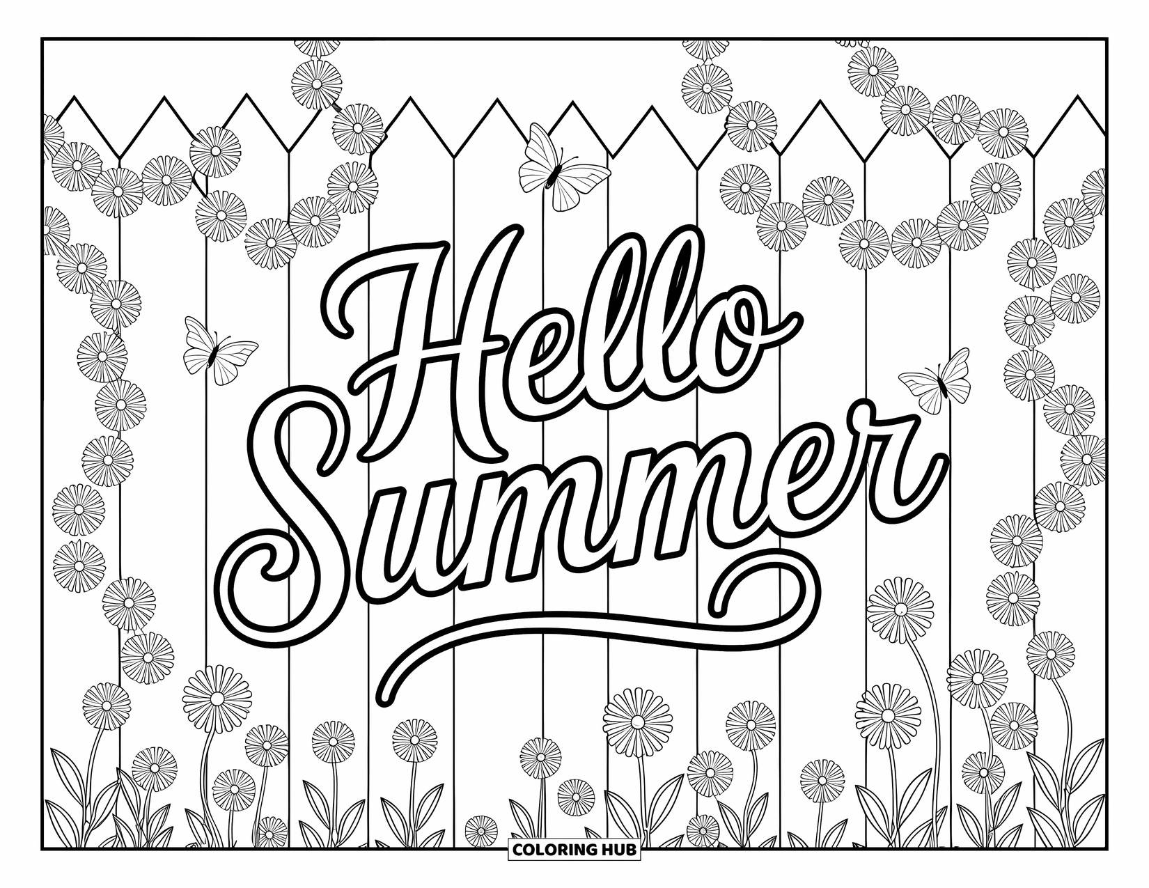 Hello Summer Coloring Page for Adults: "Hello Summer" is written on a wooden fence surrounded by vines, daisies, and butterflies