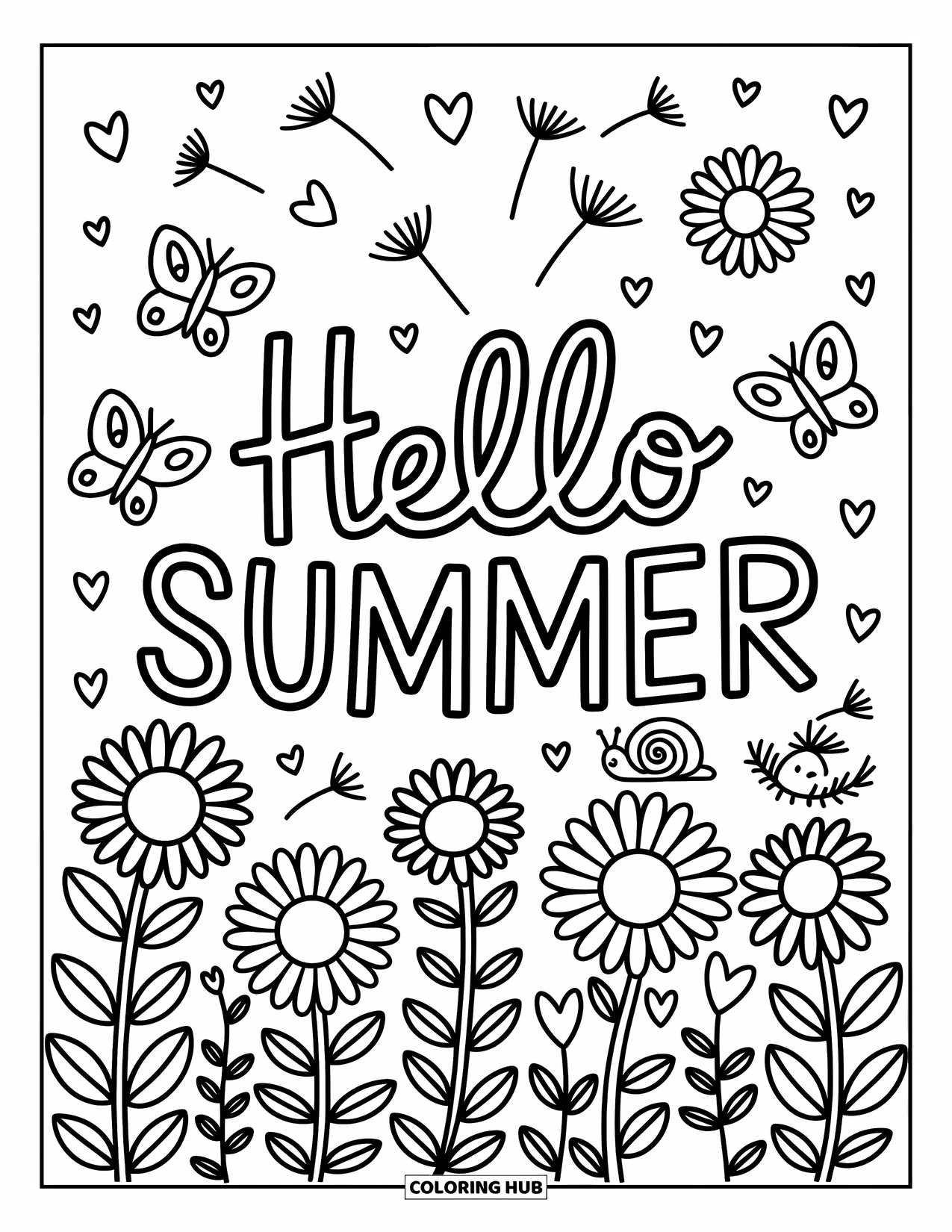 Hello Summer Coloring Page for Adults: "Hello Summer" rests in a blooming garden with a snail and swirls in the air