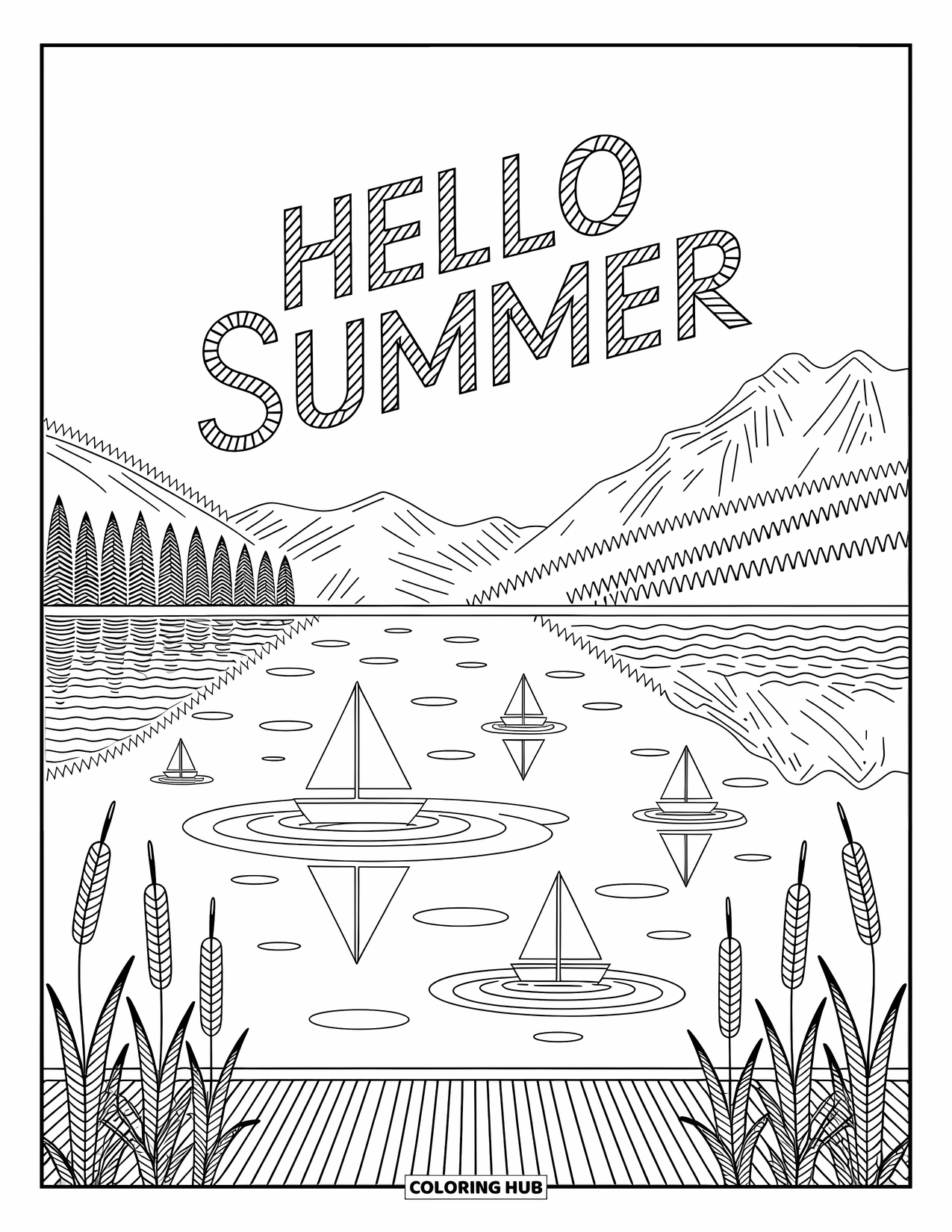 Hello Summer Coloring Page for Adults: "Hello Summer" rests on a deck with cattails, rippling water, and boats