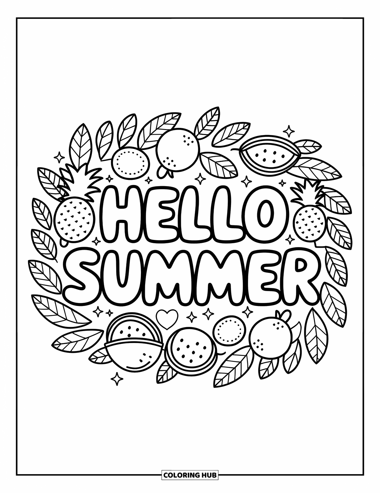 Hello Summer Coloring Page for Adults: "Hello Summer" sits among playful pineapples, watermelons, oranges, and bananas