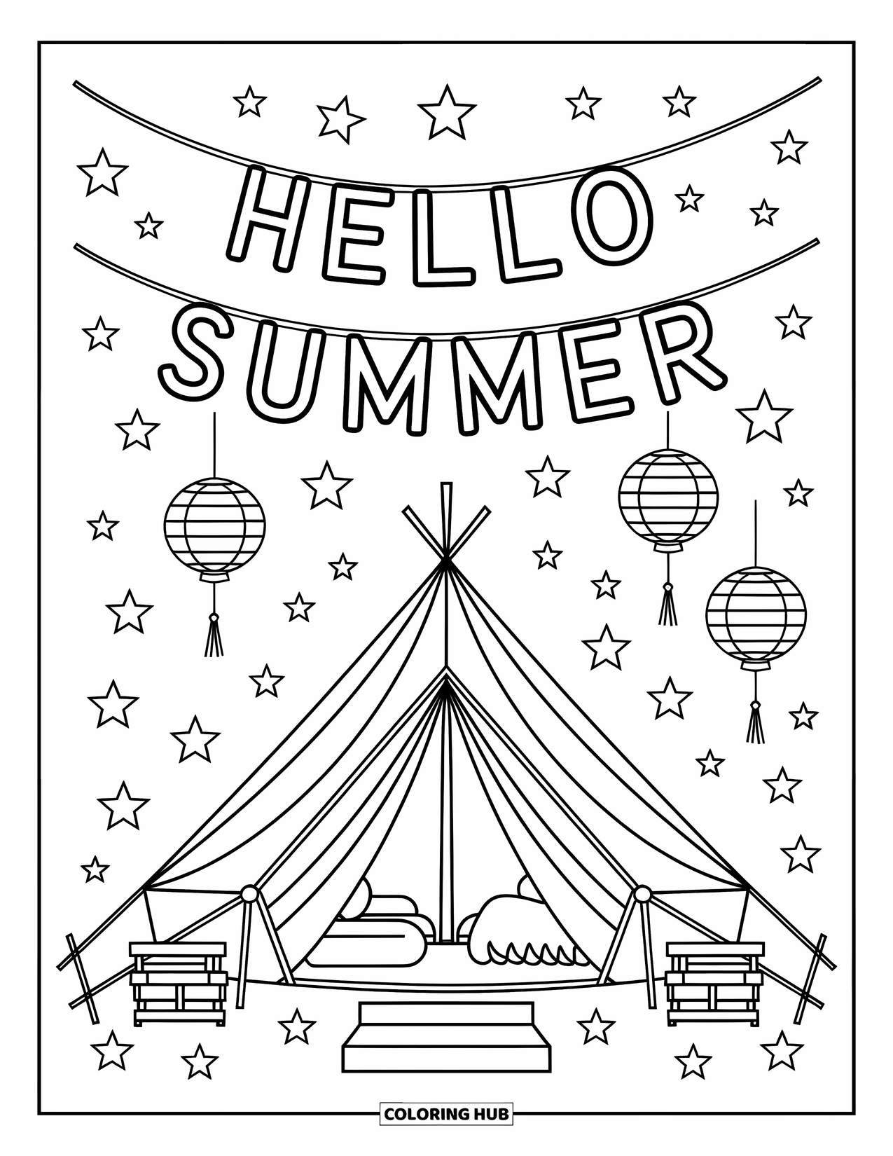 Hello Summer Coloring Page for Adults: Lanterns light a peaceful tent with a banner that says "Hello Summer"