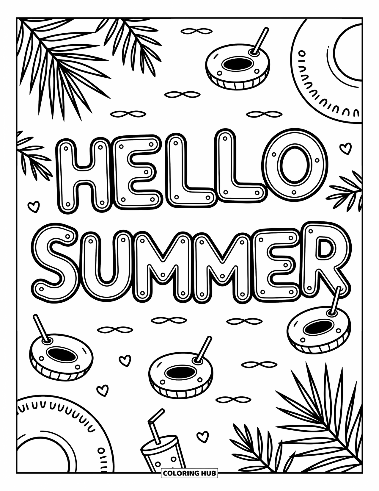 Hello Summer Coloring Page for Adults: Letters of "Hello Summer" float as pool tubes with beach items all around