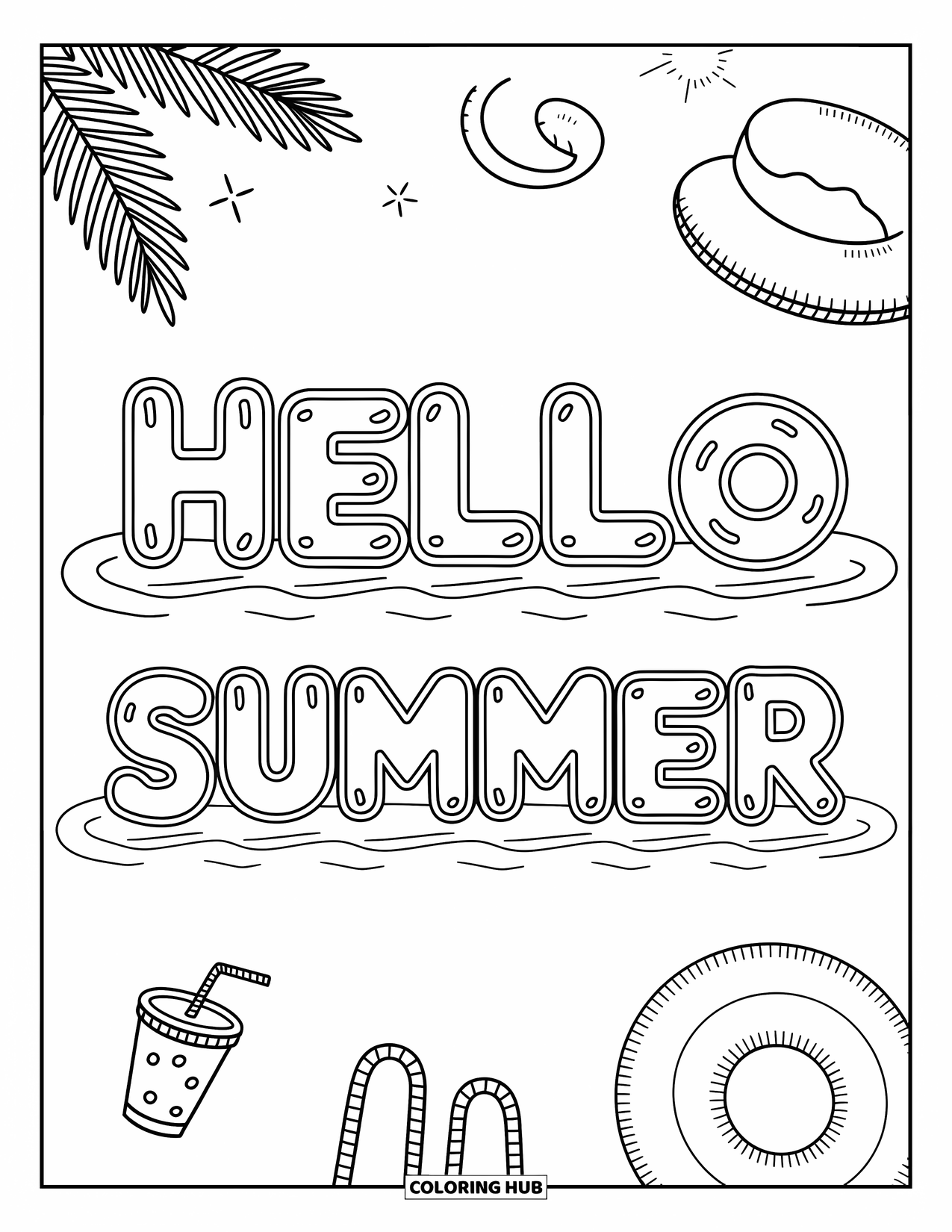 Hello Summer Coloring Page for Adults: Pool float letters spell "Hello Summer" with a tropical summer vibe