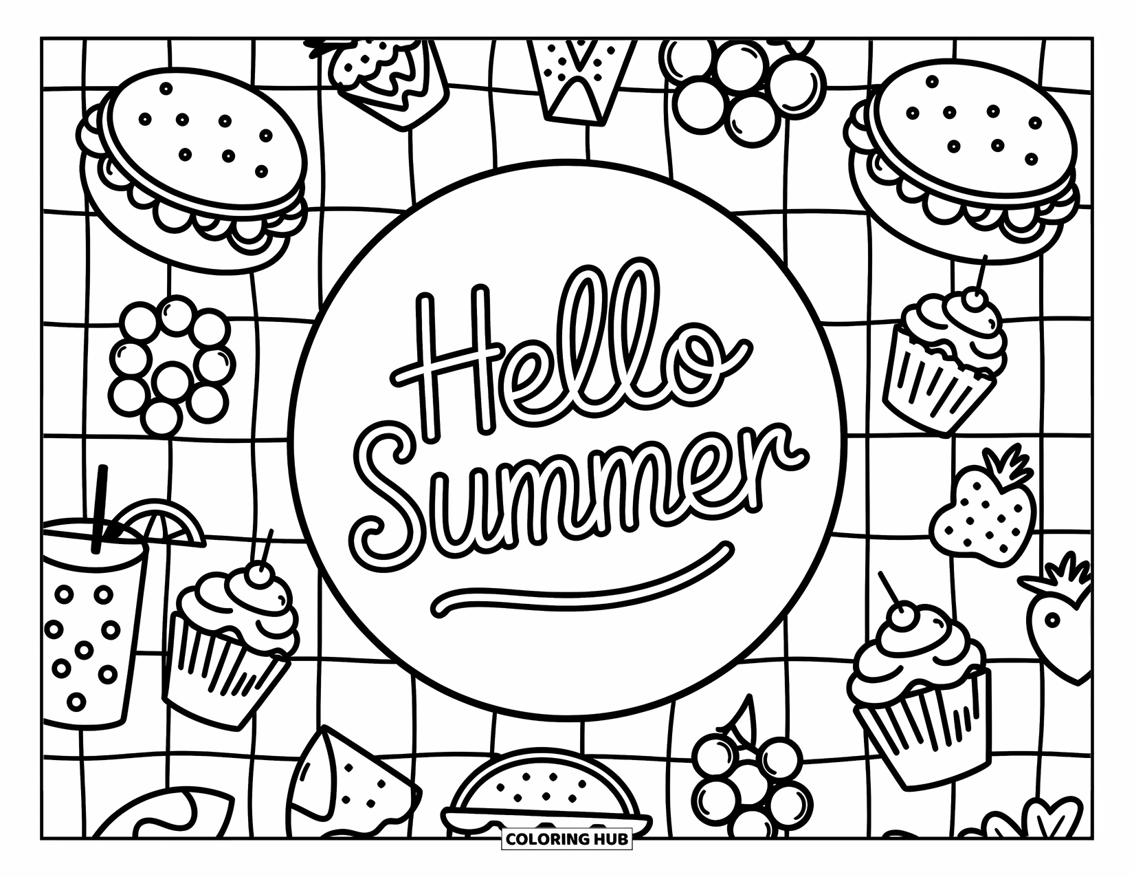 Hello Summer Coloring Page for Adults: Sandwiches and sweets surround a plate that reads "Hello Summer" on a picnic blanket