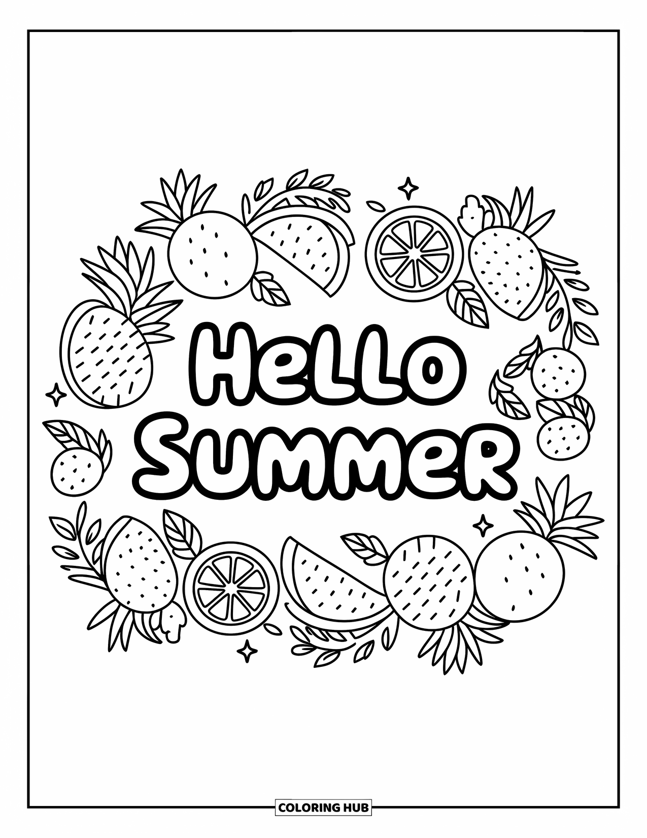 Hello Summer Coloring Page for Adults: Tropical fruits frame the words "Hello Summer" in a bubbly font
