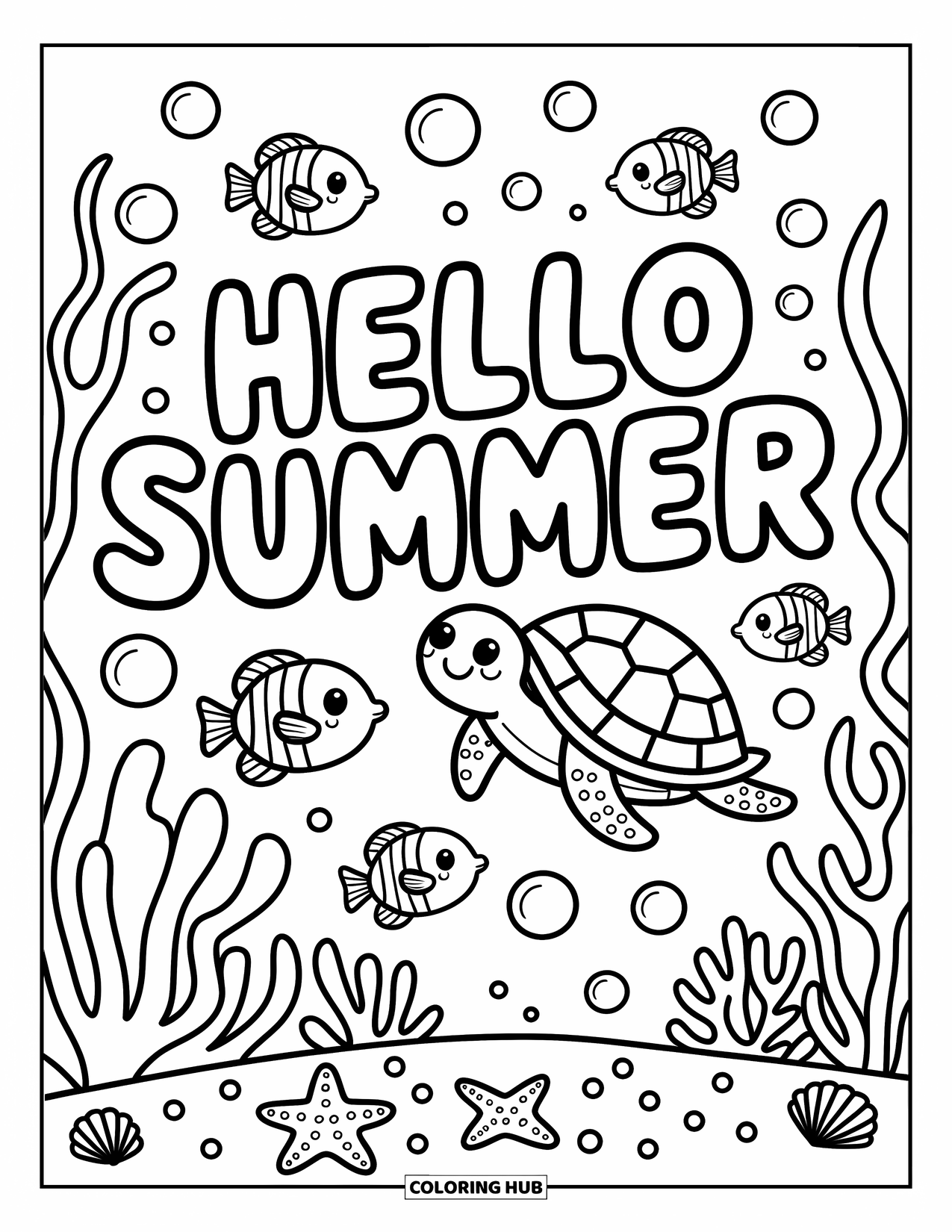 Hello Summer Coloring Page for Adults: Underwater bubbles and coral swirl around "Hello Summer" and friendly sea life