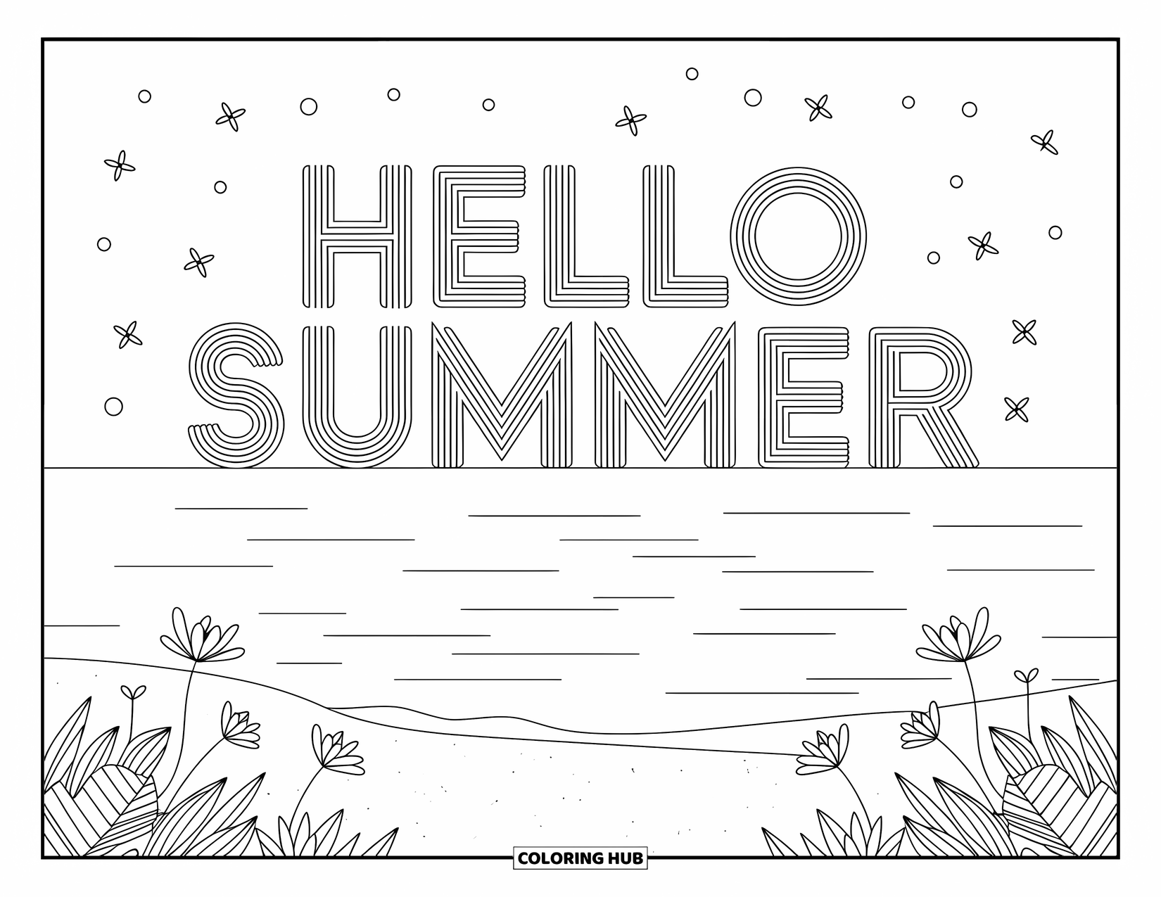 Hello Summer Coloring Page for Adults: Waves and fireflies glow beneath the distant text "Hello Summer" at dusk
