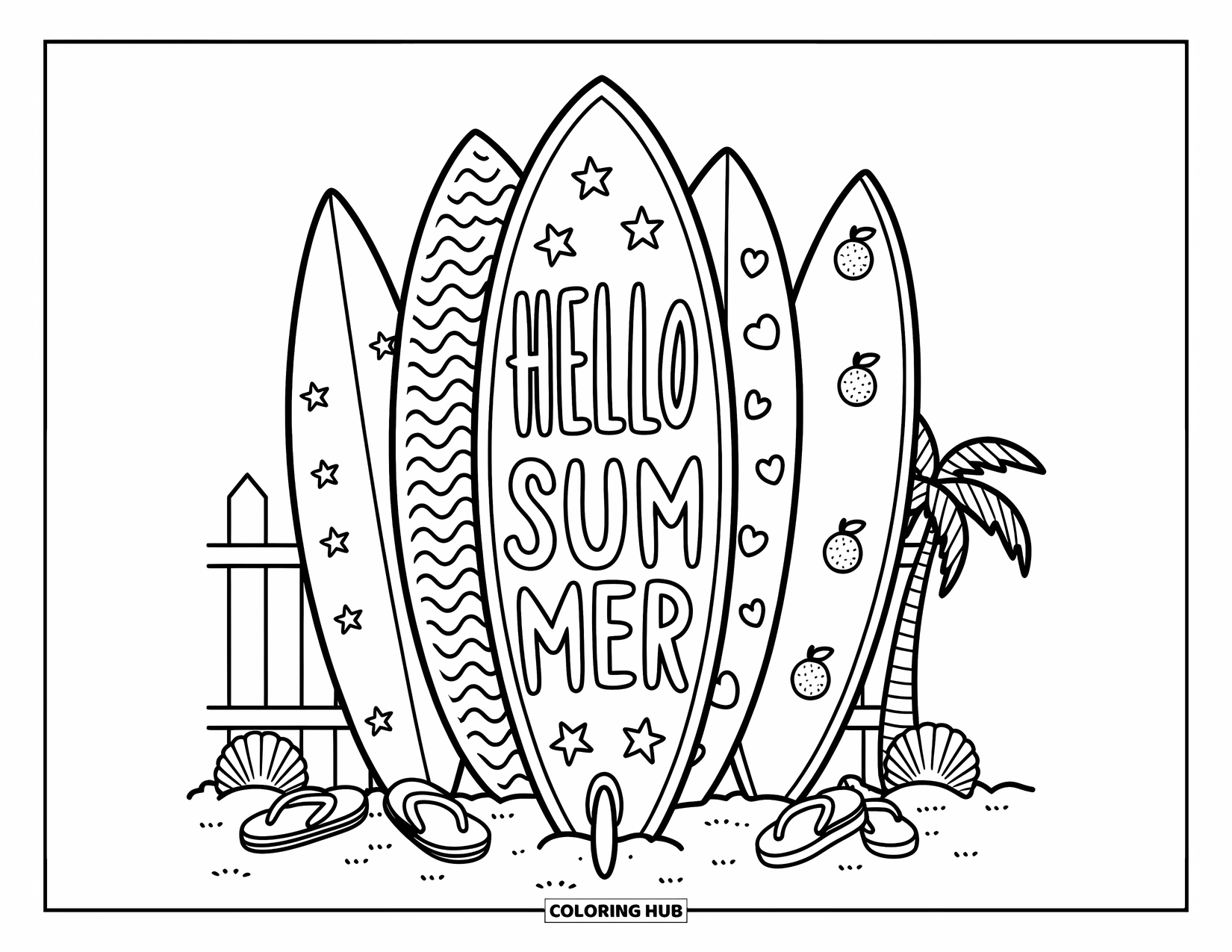 Hello Summer Coloring Page for Adults: Whimsical surfboards and beach items surround a "Hello Summer" message