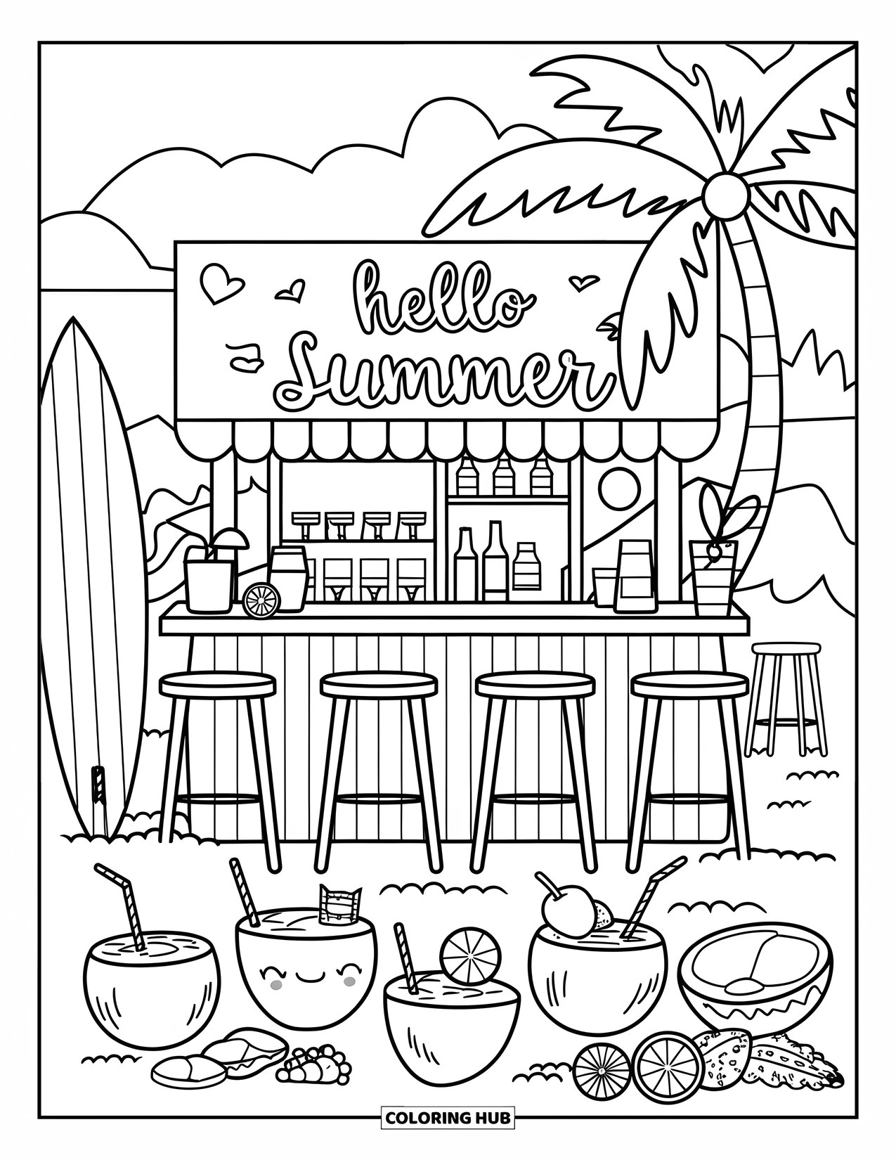 Hello Summer Coloring Page for Kids: A beach bar with fruits, a surfboard, and a "Hello Summer" sign welcomes visitors