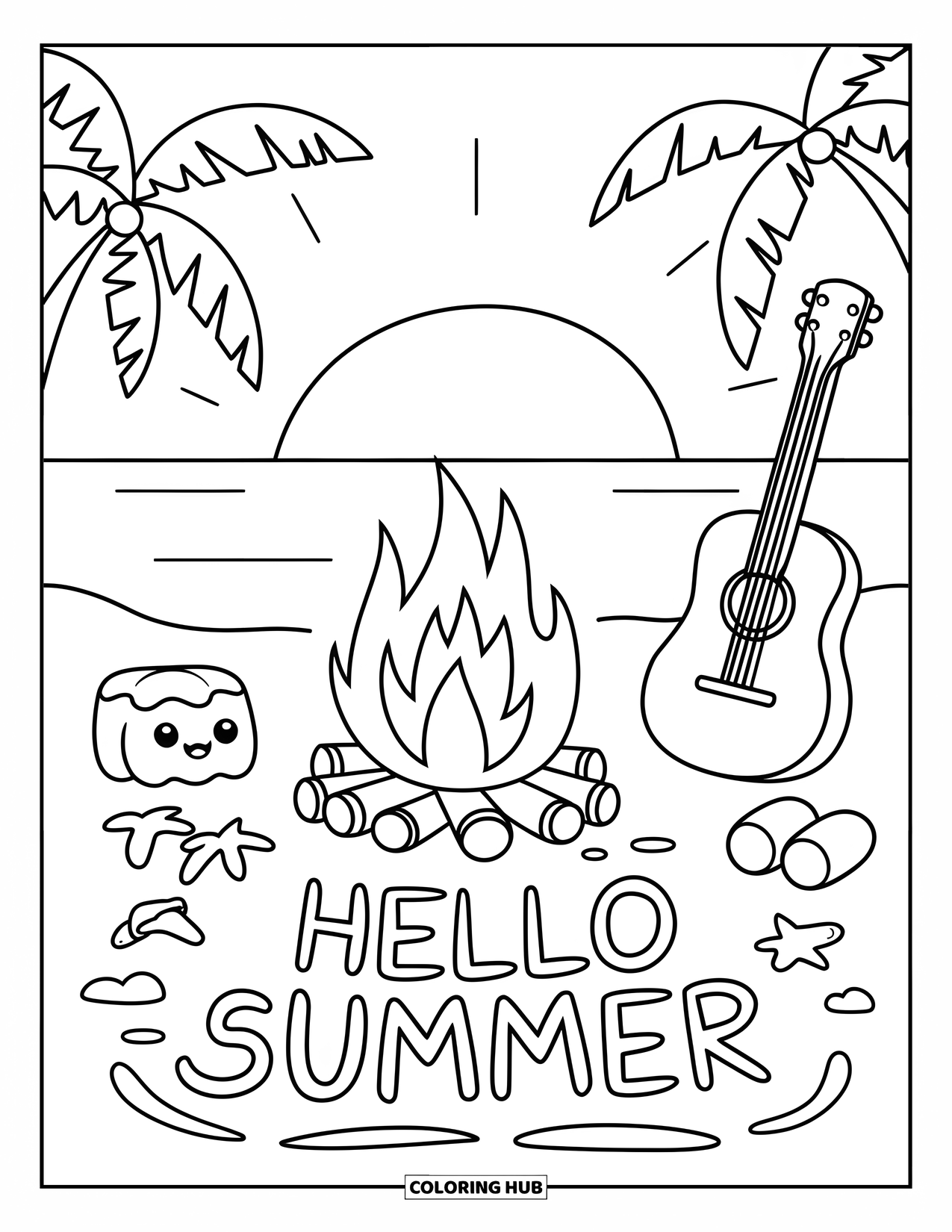 Hello Summer Coloring Page for Kids: A beach campfire glows with a guitar and "Hello Summer" in the sand