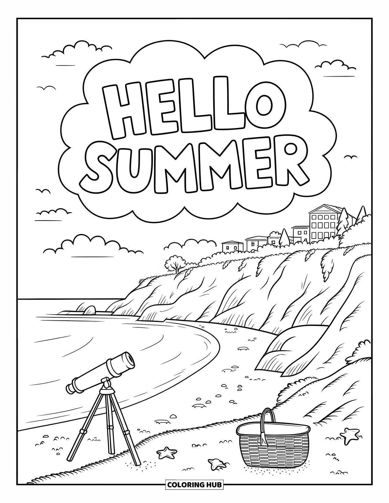 Hello Summer Coloring Page for Kids: A beach cliffside holds a telescope and picnic under "Hello Summer" clouds