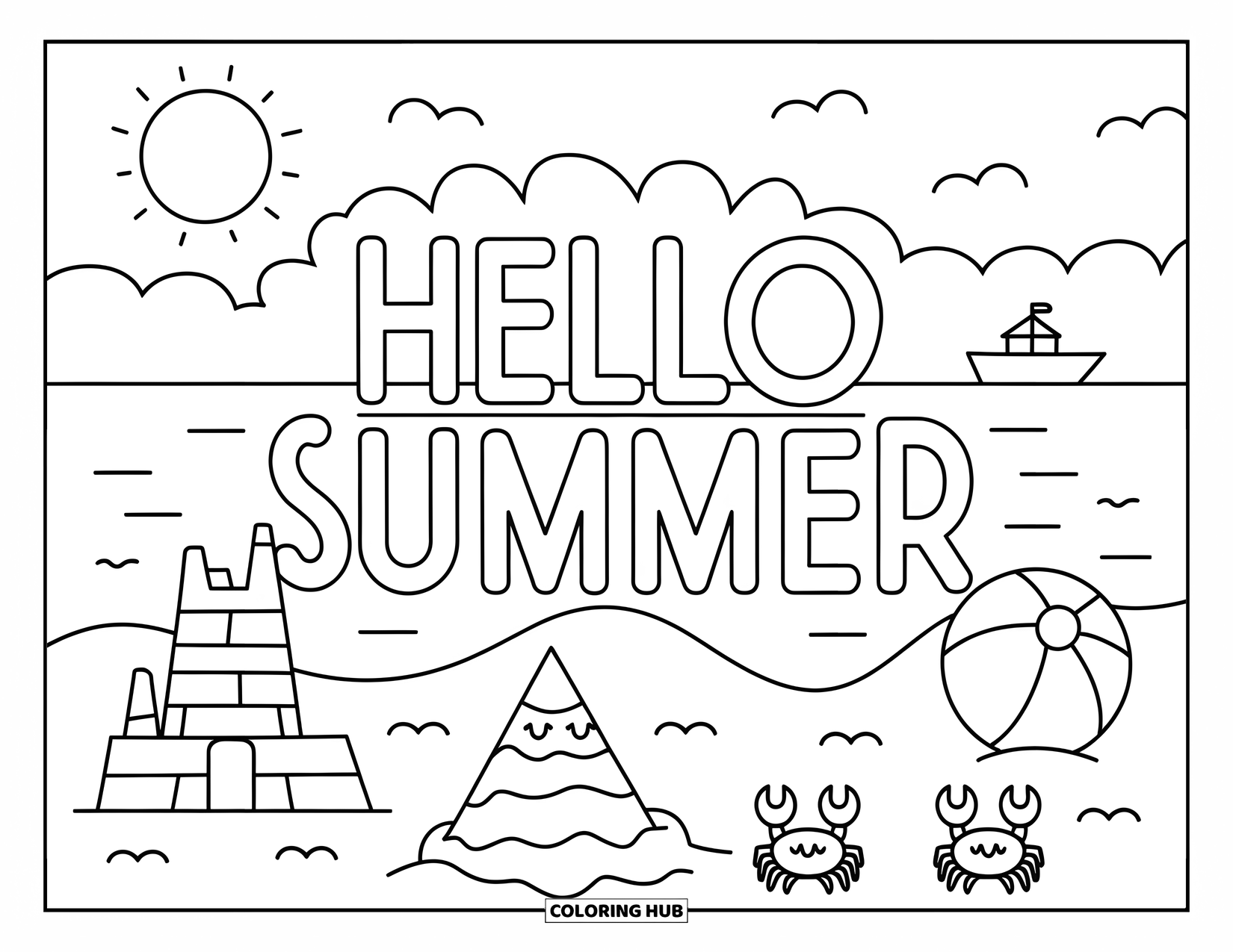 Hello Summer Coloring Page for Kids: A beach day scene with crabs, sandcastle, and "Hello Summer" overhead